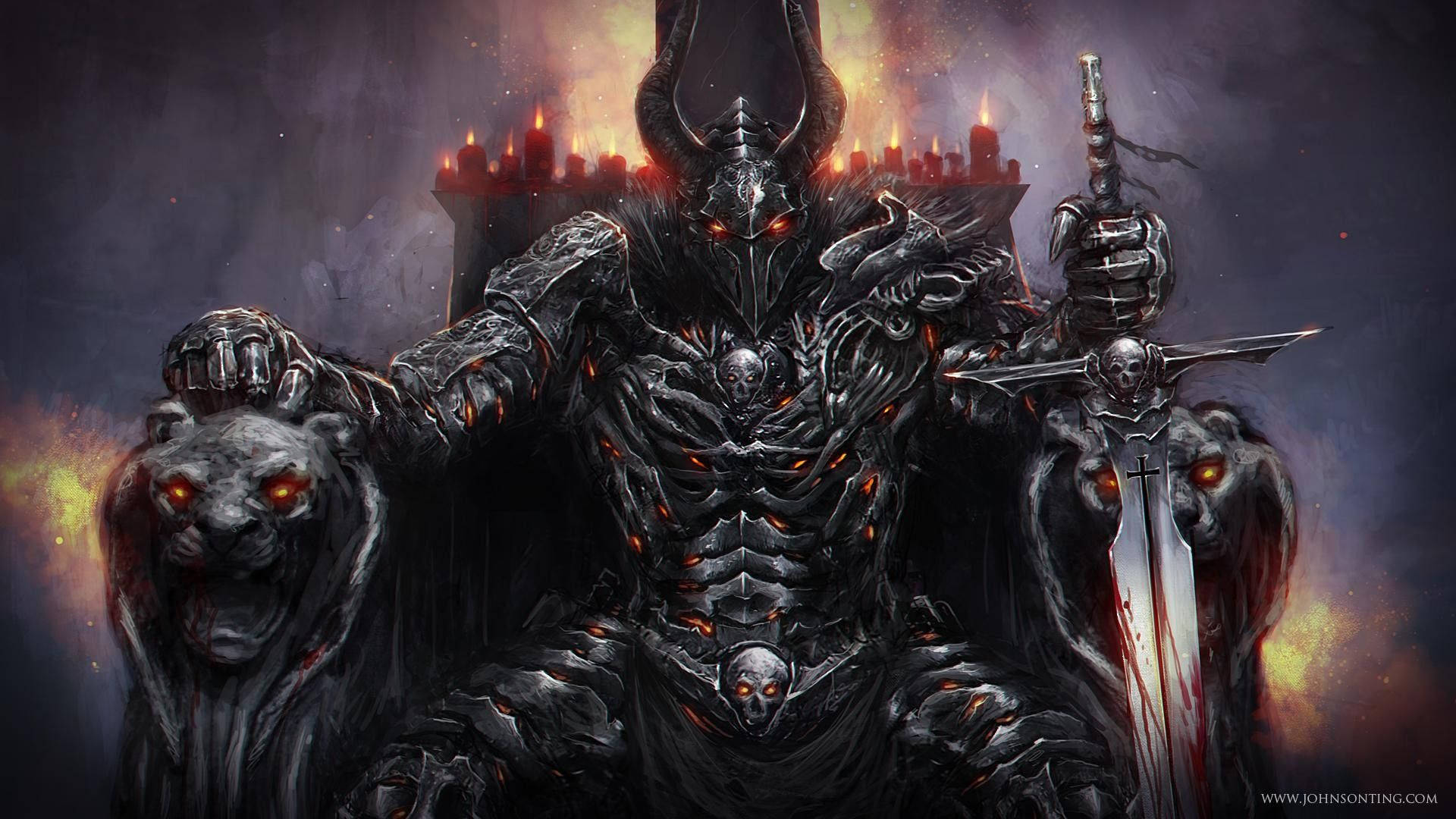 Lucifer, fiery throne, lion-headed beasts, Full HD Desktop Wallpaper