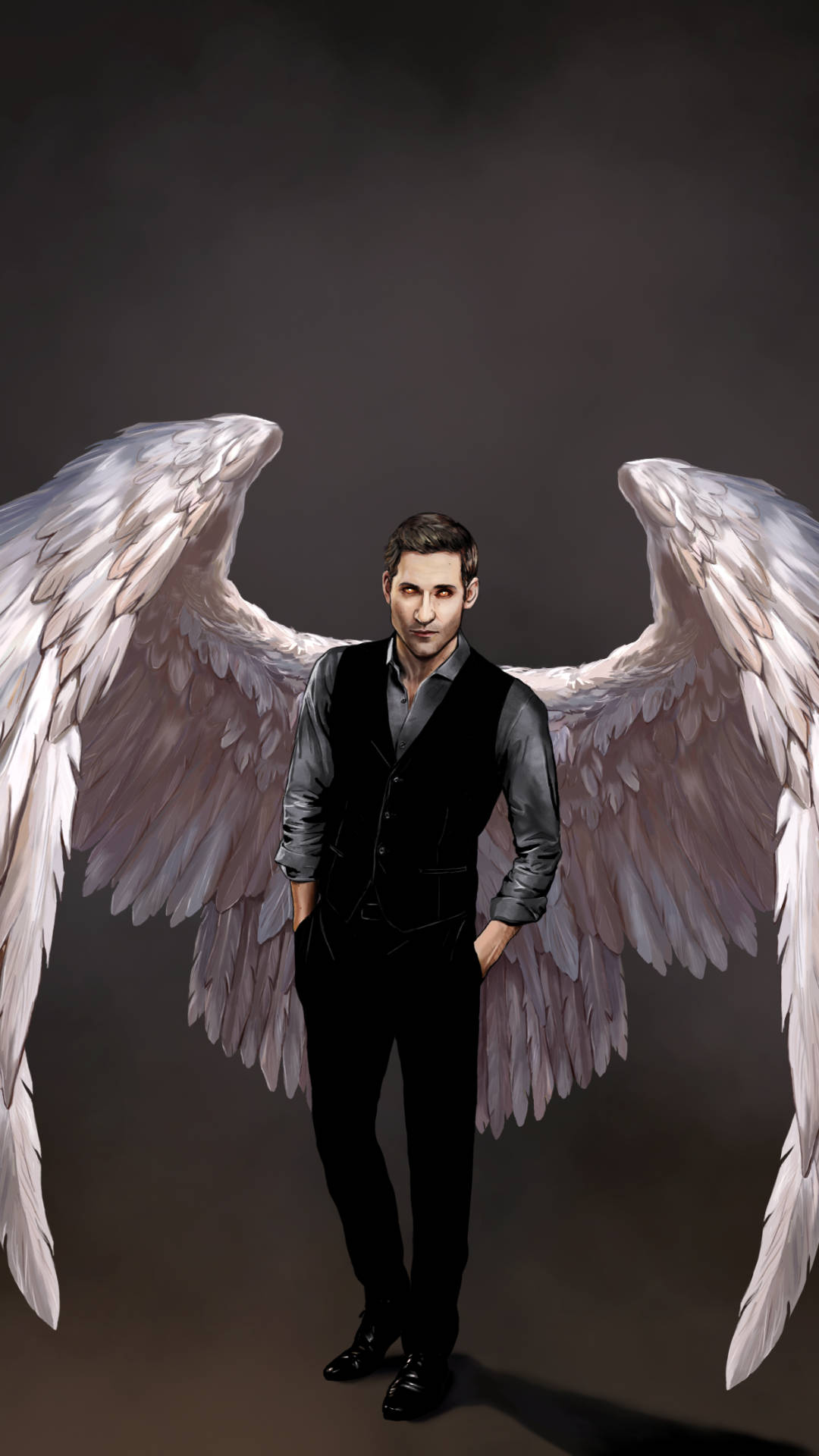Lucifer, black suit, white feathered wings, Full HD Phone Wallpaper
