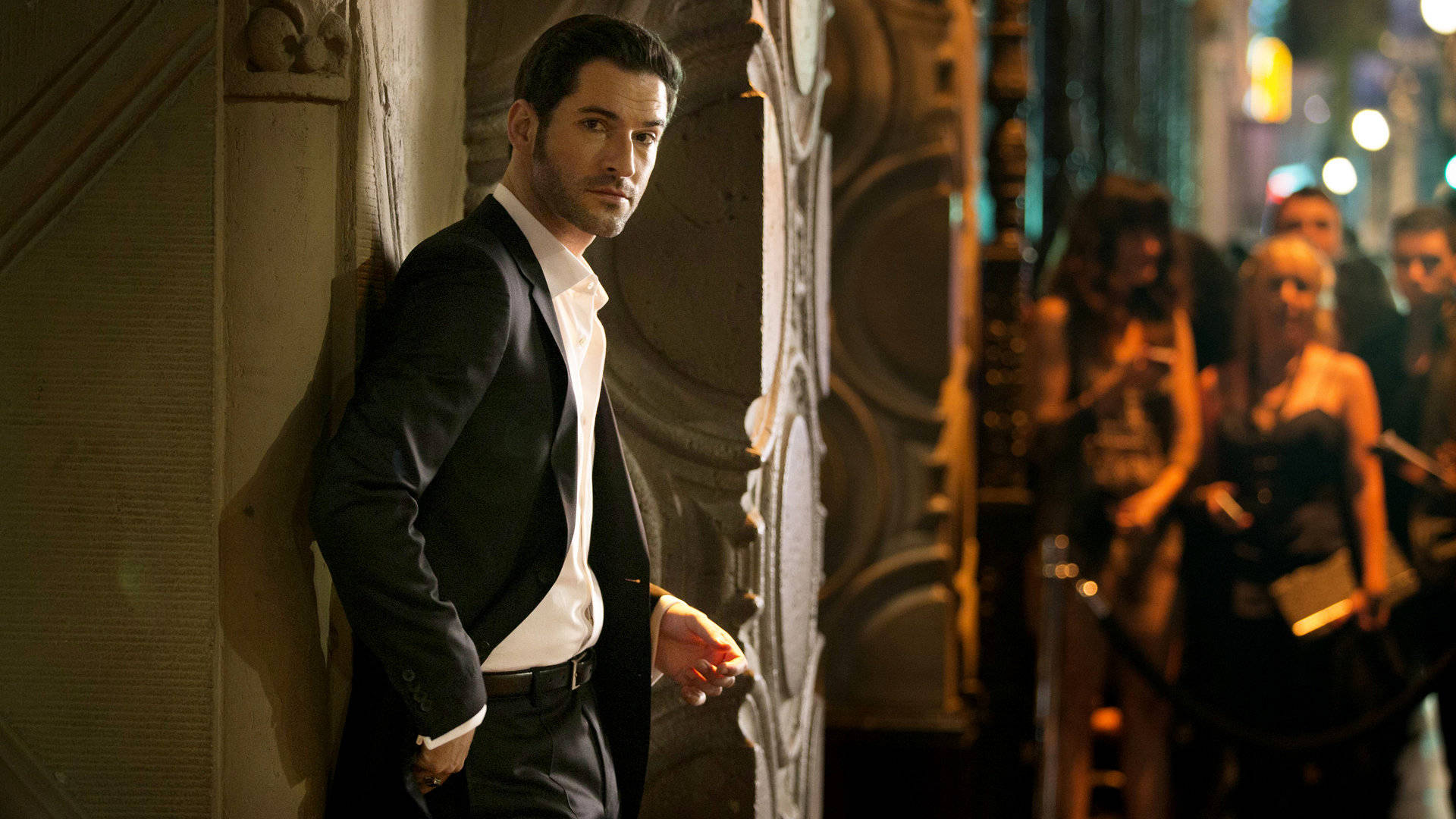 Lucifer, nighttime city street, ornate pillar, Full HD Desktop Wallpaper
