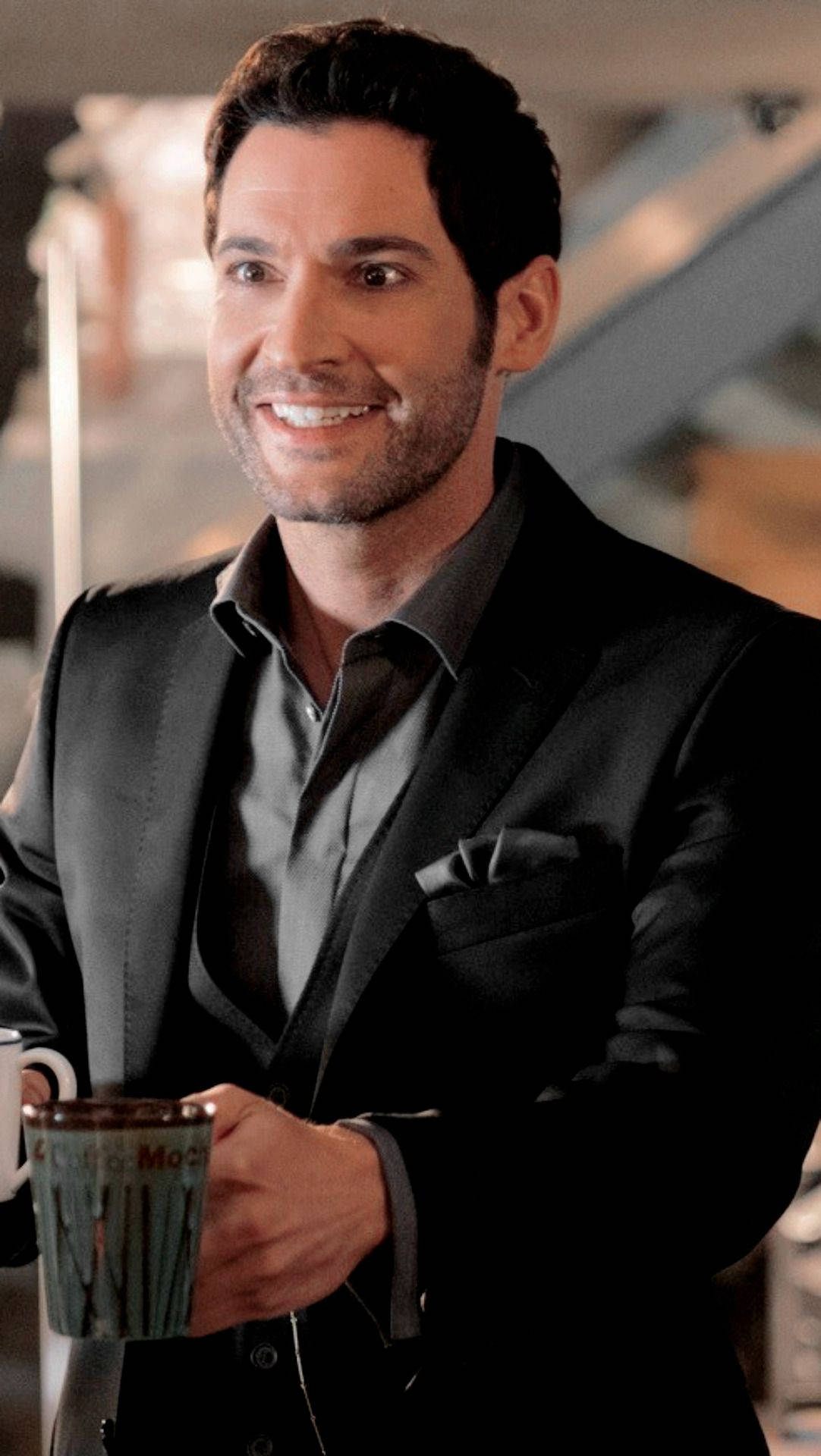 Lucifer, black suit, mug, Full HD Phone Wallpaper