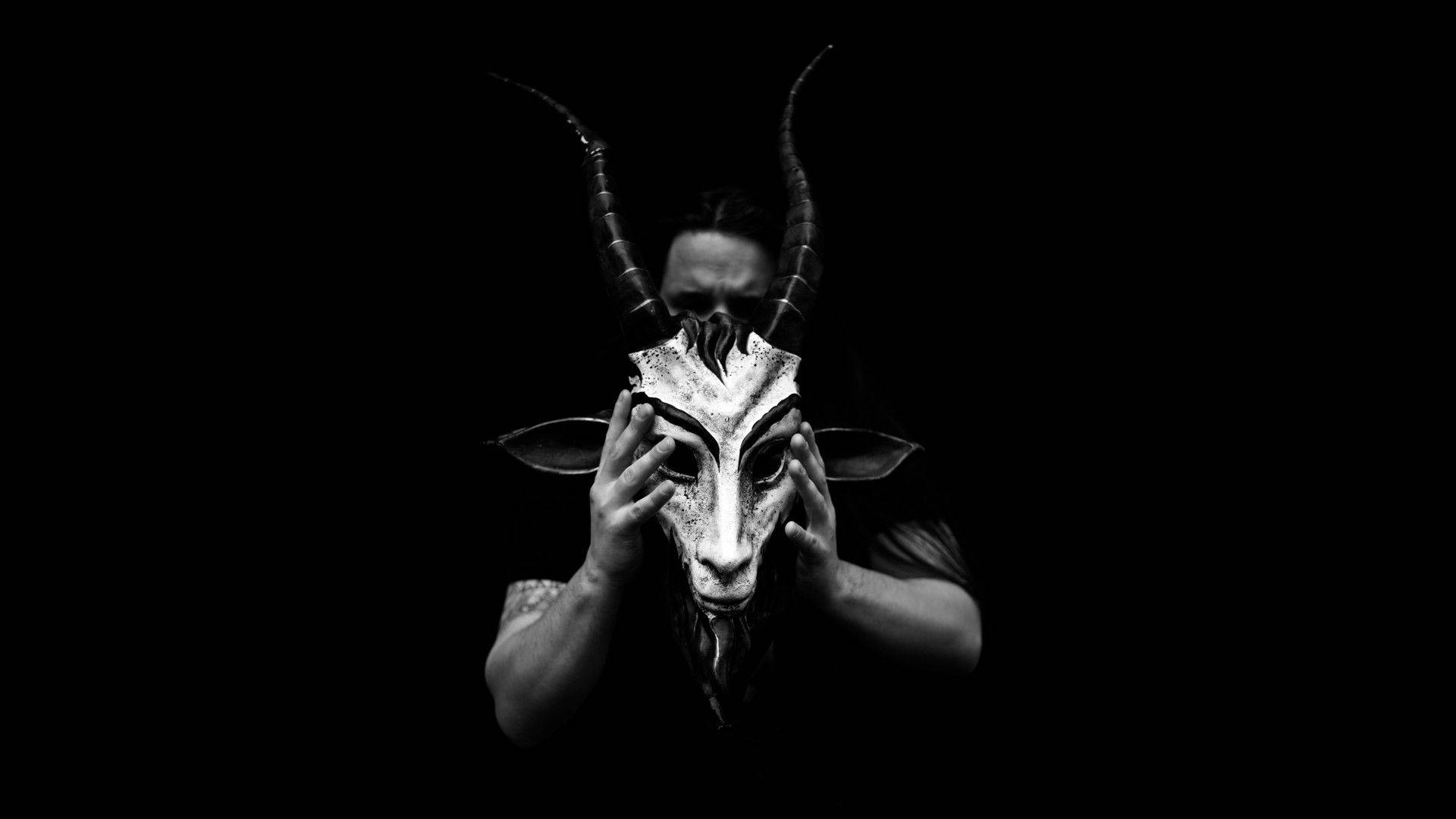 Lucifer, goat skull mask, pitch black background, Full HD Desktop Wallpaper