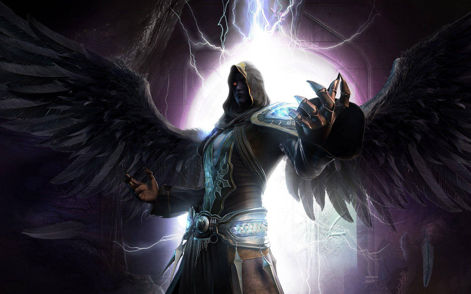 animated black devil, dark-winged angelic figure, glowing eyes, Full HD Desktop Wallpaper