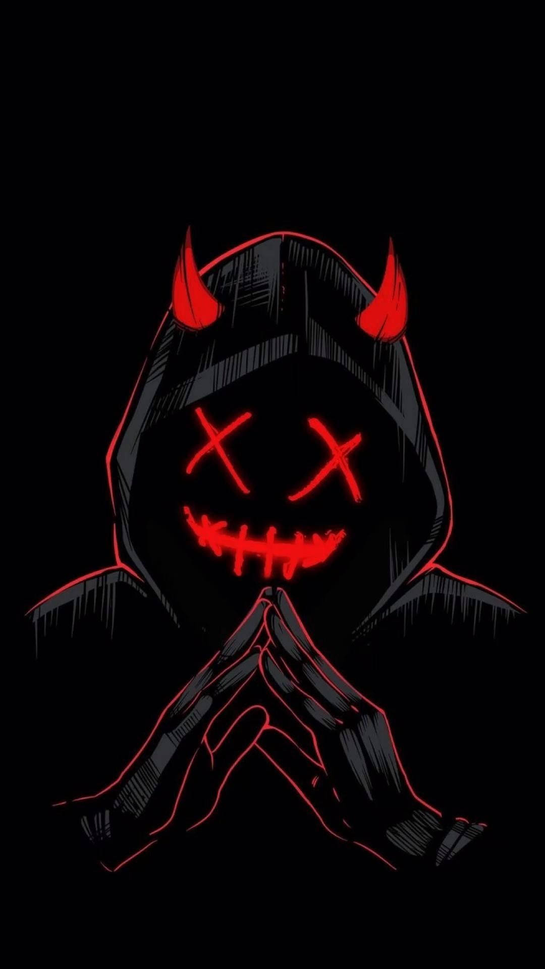 grinning hooded devil, glowing red stitched eyes, horns, Full HD Phone Wallpaper
