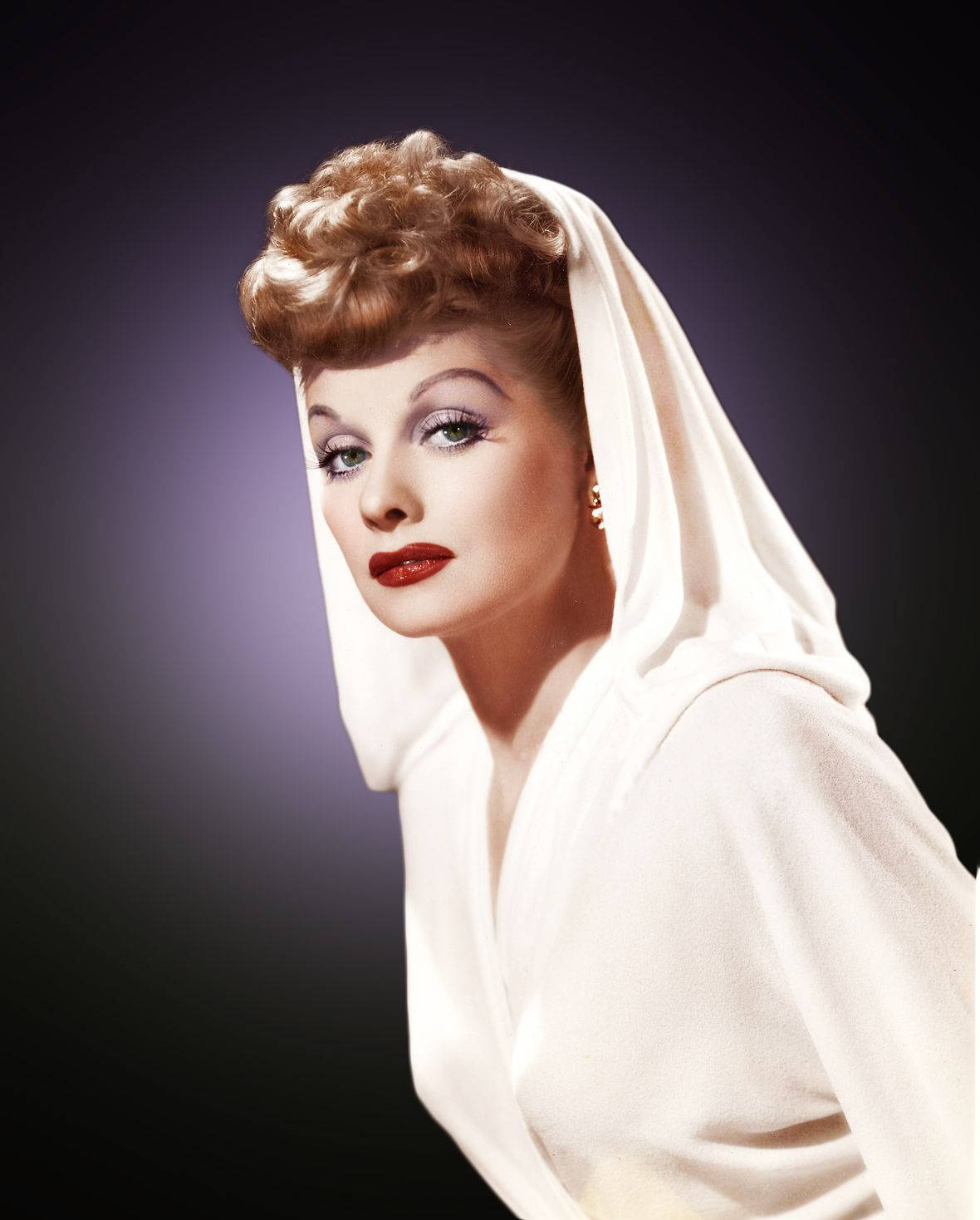 Lucille Ball, white hooded outfit, red lips, HD Phone Wallpaper
