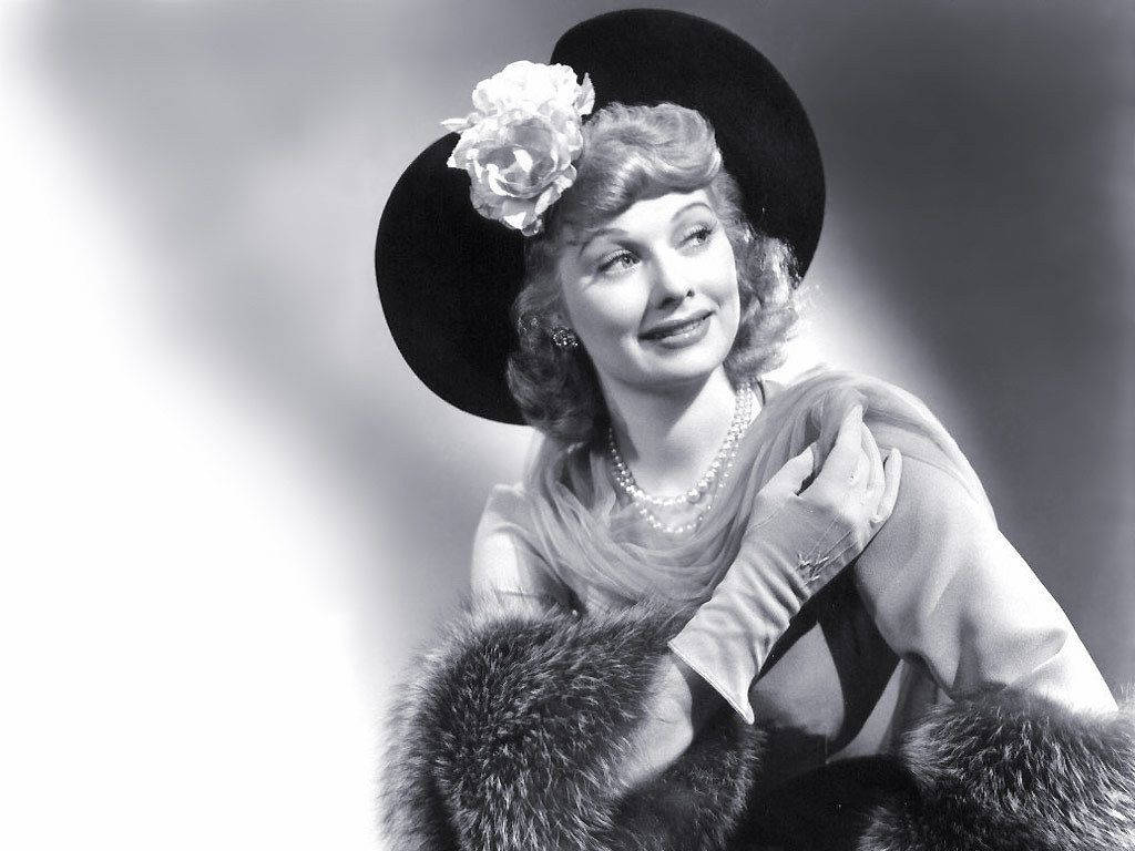 Lucille Ball, black hat, white flower, SD Desktop Wallpaper
