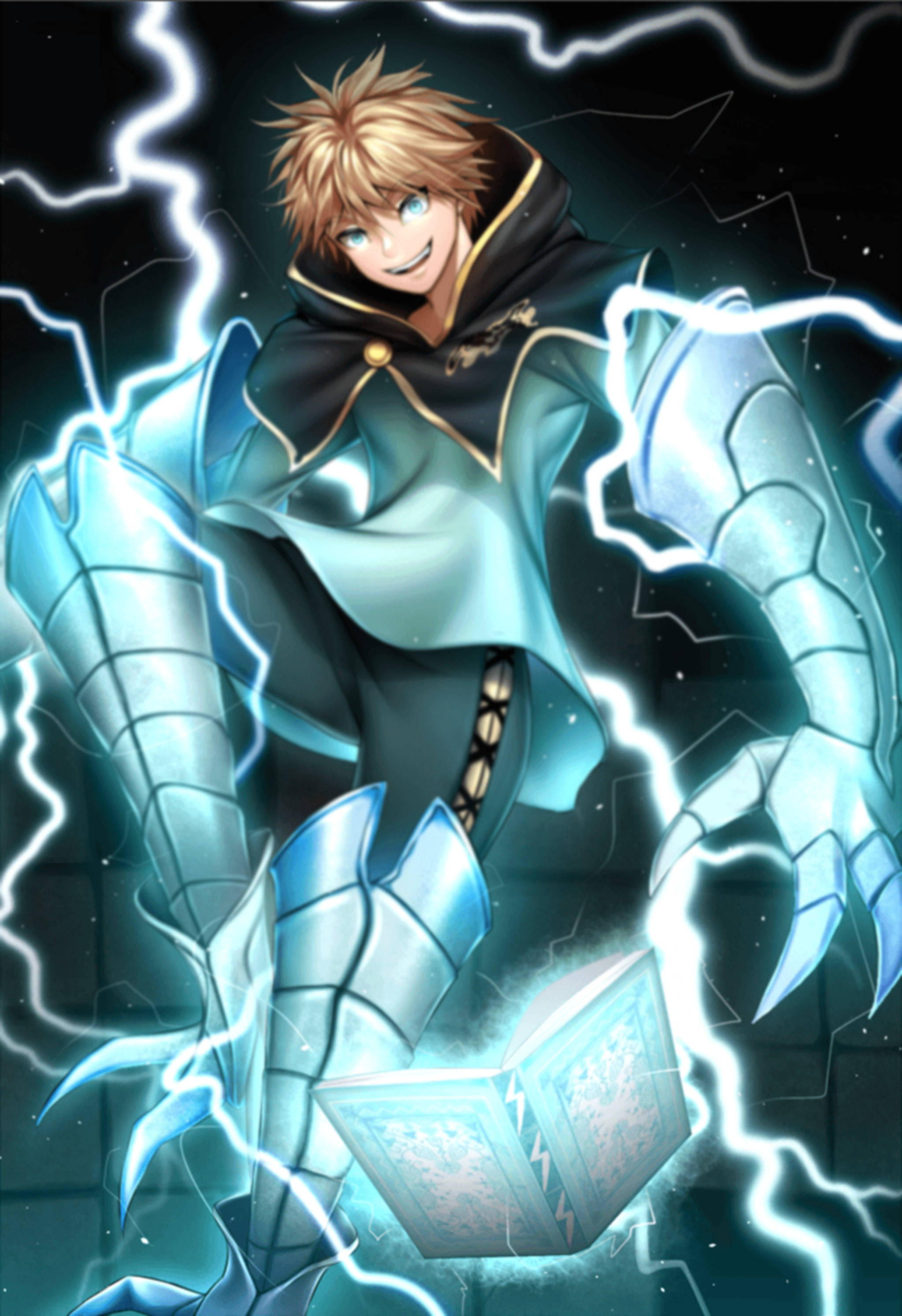 Luck Voltia, electric blue lightning, armored hands, 2K Phone Wallpaper