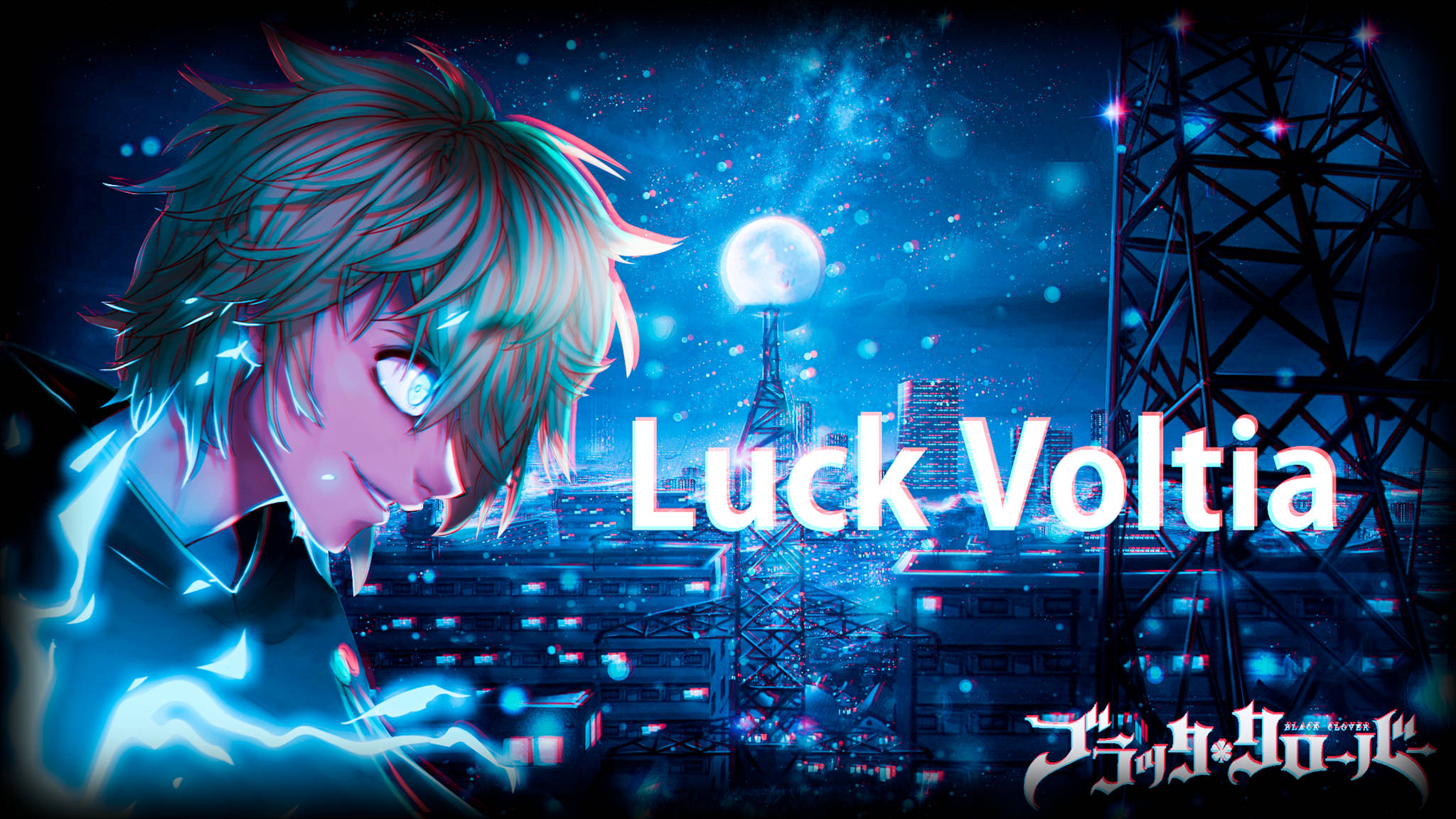Luck Voltia, electric blue hair, neon-lit cityscape, Full HD Desktop Wallpaper