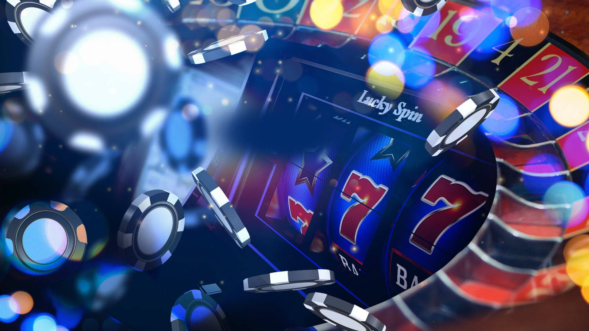 777 slot machine, neon lights, poker chips, Full HD Desktop Wallpaper