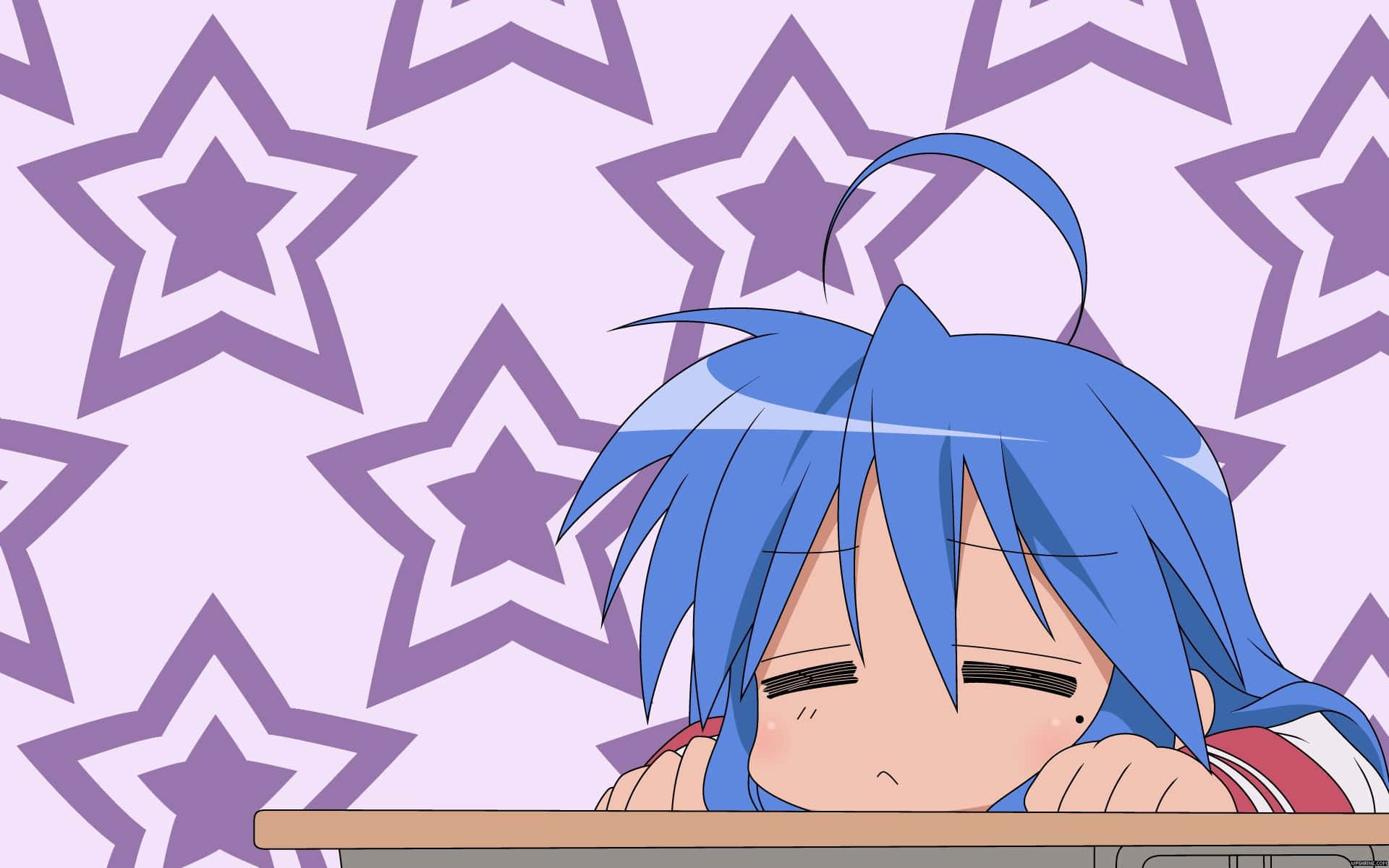 blue-haired anime girl, tired eyes, desk, Full HD Desktop Wallpaper