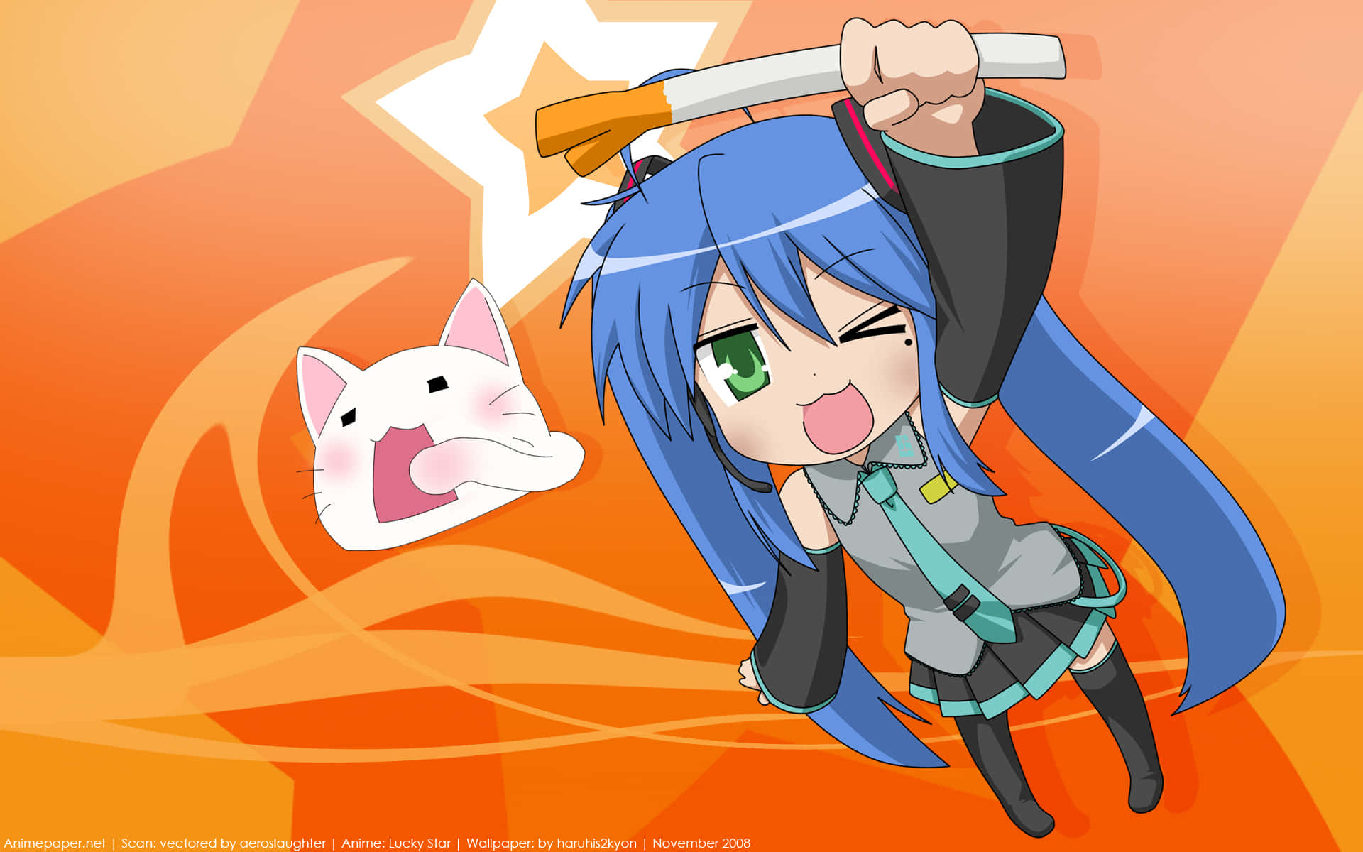 Lucky Star, blue-haired anime girl, white cat, Full HD Desktop Wallpaper