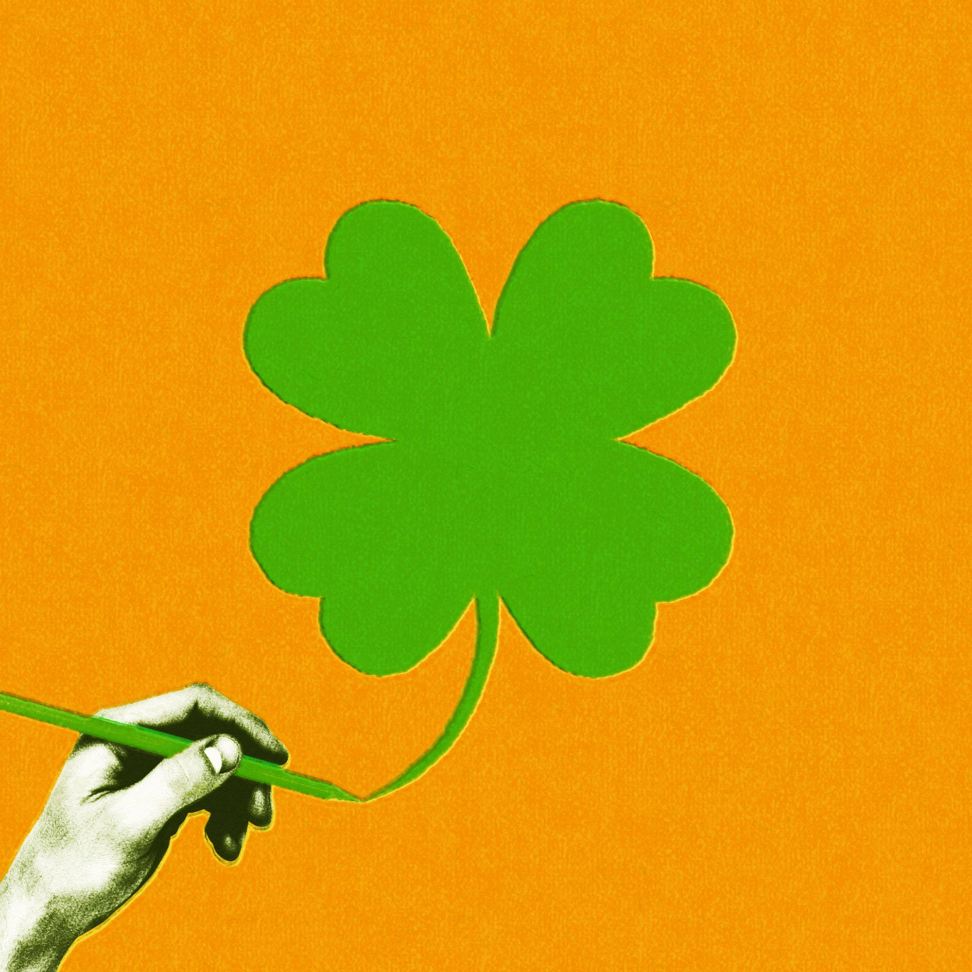 four leaf clover, green pencil, textured orange background, Full HD Desktop Wallpaper