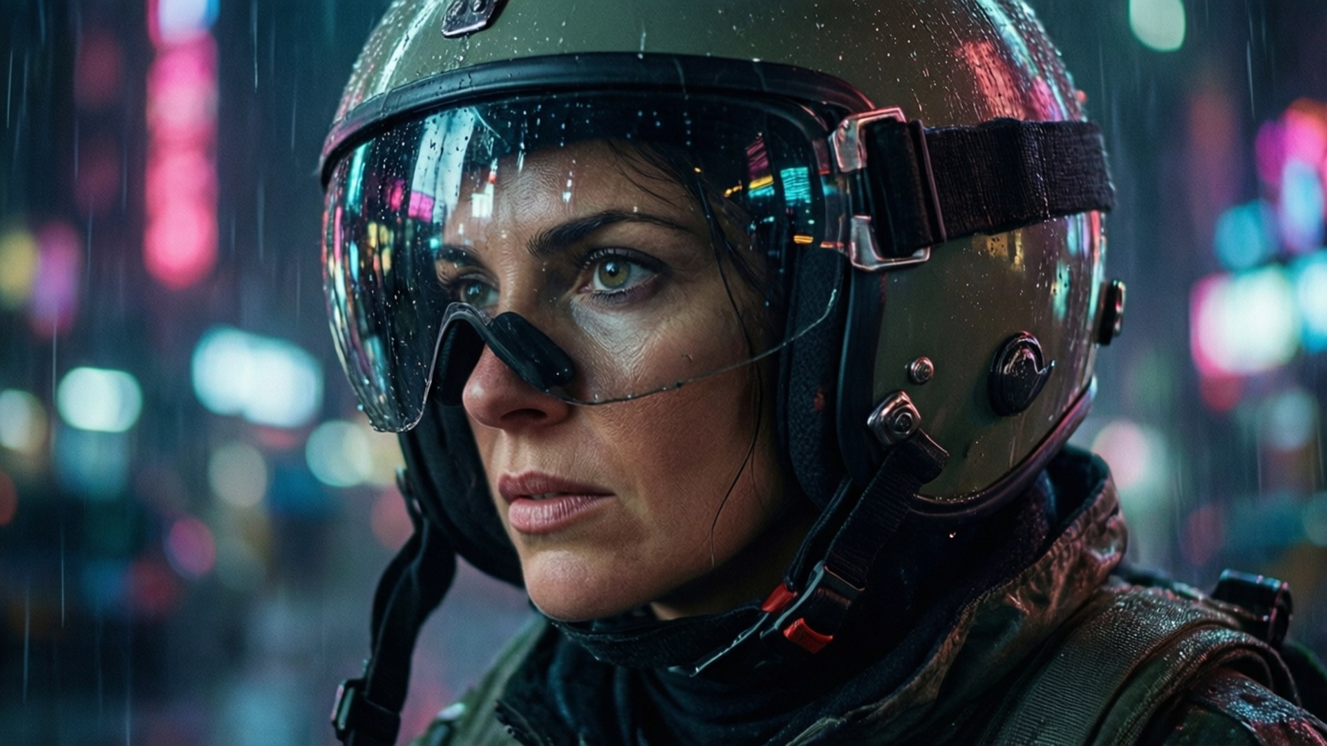 Lucrezia Noin, cyberpunk, rain-slicked, Full HD Desktop Wallpaper