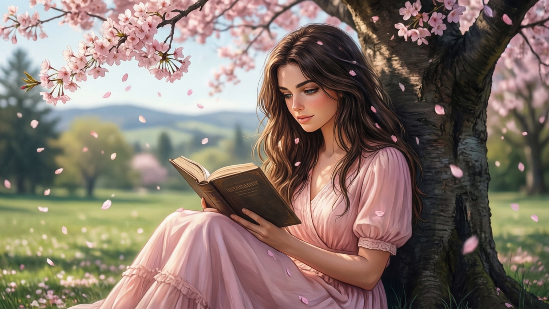 Luculia Marlborough, cherry blossoms, reading, Full HD Desktop Wallpaper