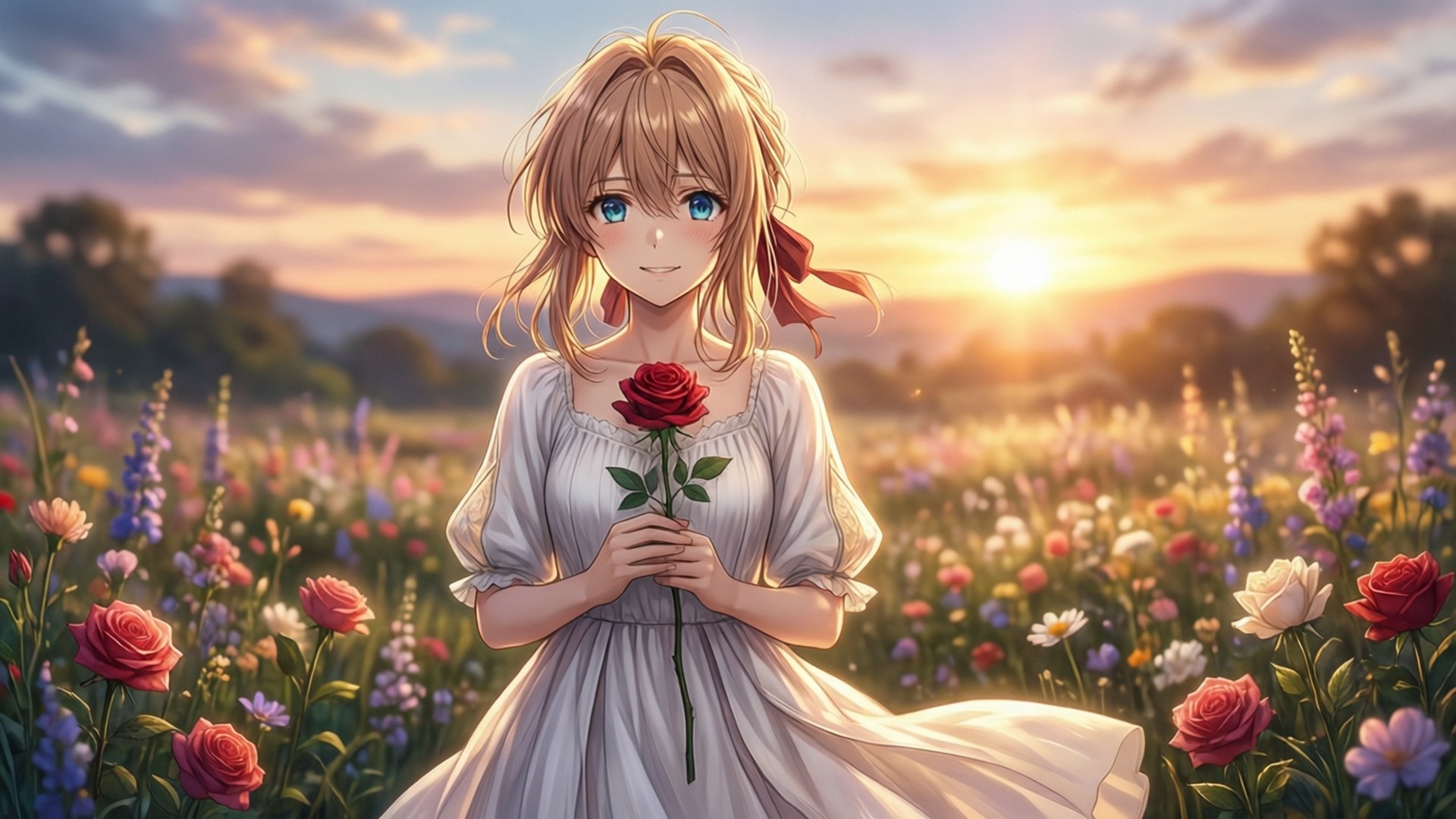 Luculia Marlborough, flower field, sunset, Full HD Desktop Wallpaper