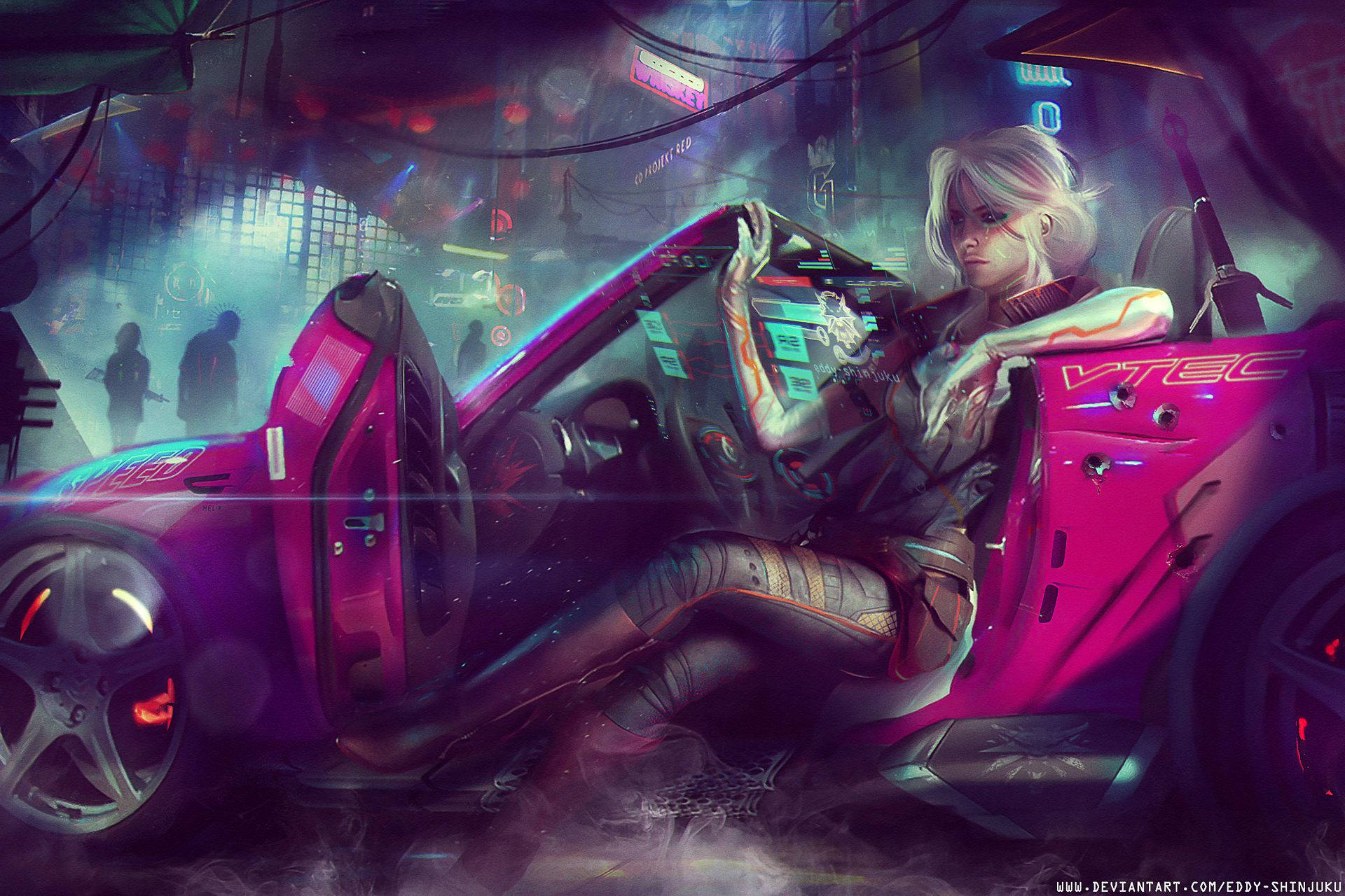 Cyberpunk 2077, white hair, glowing pink sports car, Full HD Desktop Wallpaper