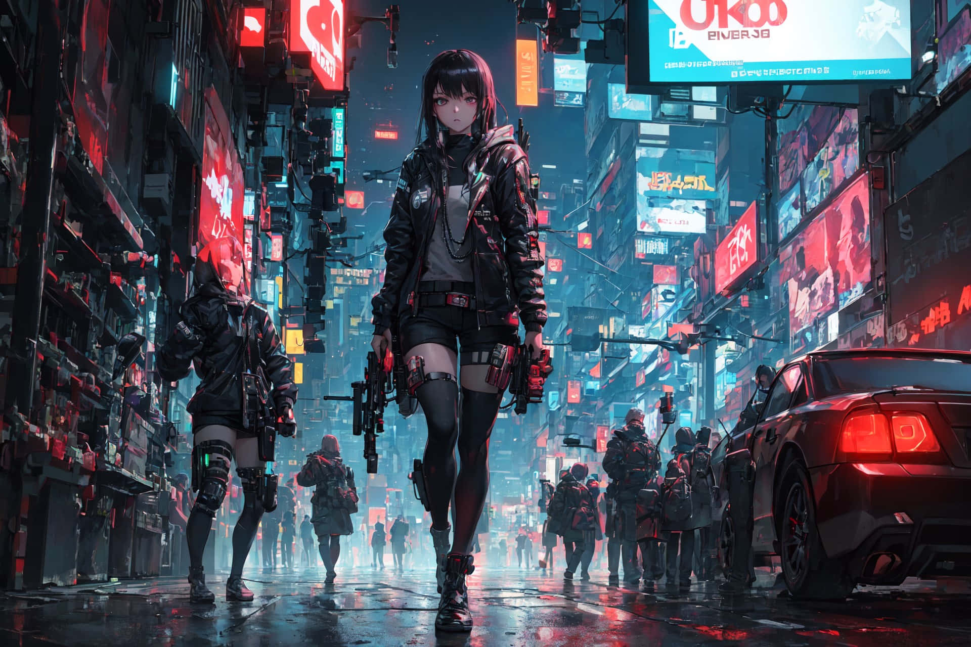cyberpunk anime girl, tactical gear, neon-lit rain-soaked futuristic city street, Full HD Desktop Wallpaper