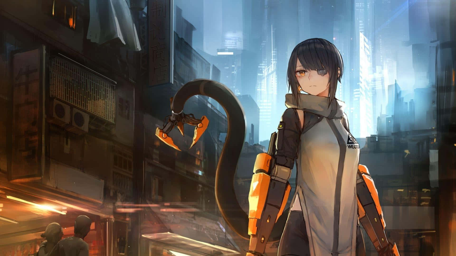 cyberpunk anime heroine, mechanical arms, tail, Full HD Desktop Wallpaper