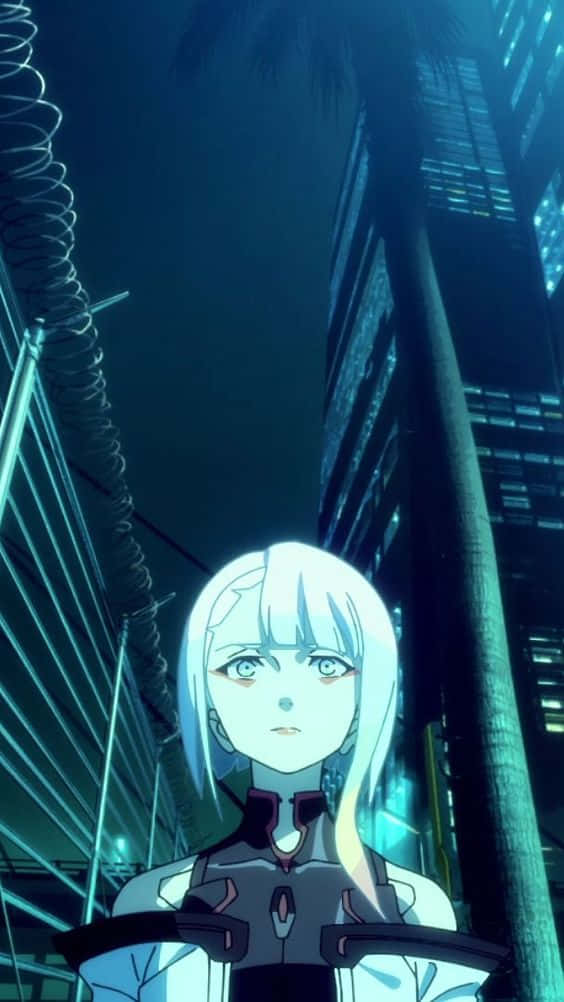 Cyberpunk Anime Character, Night Cityscape, neon-lit cyberpunk alleyway, SD Phone Wallpaper