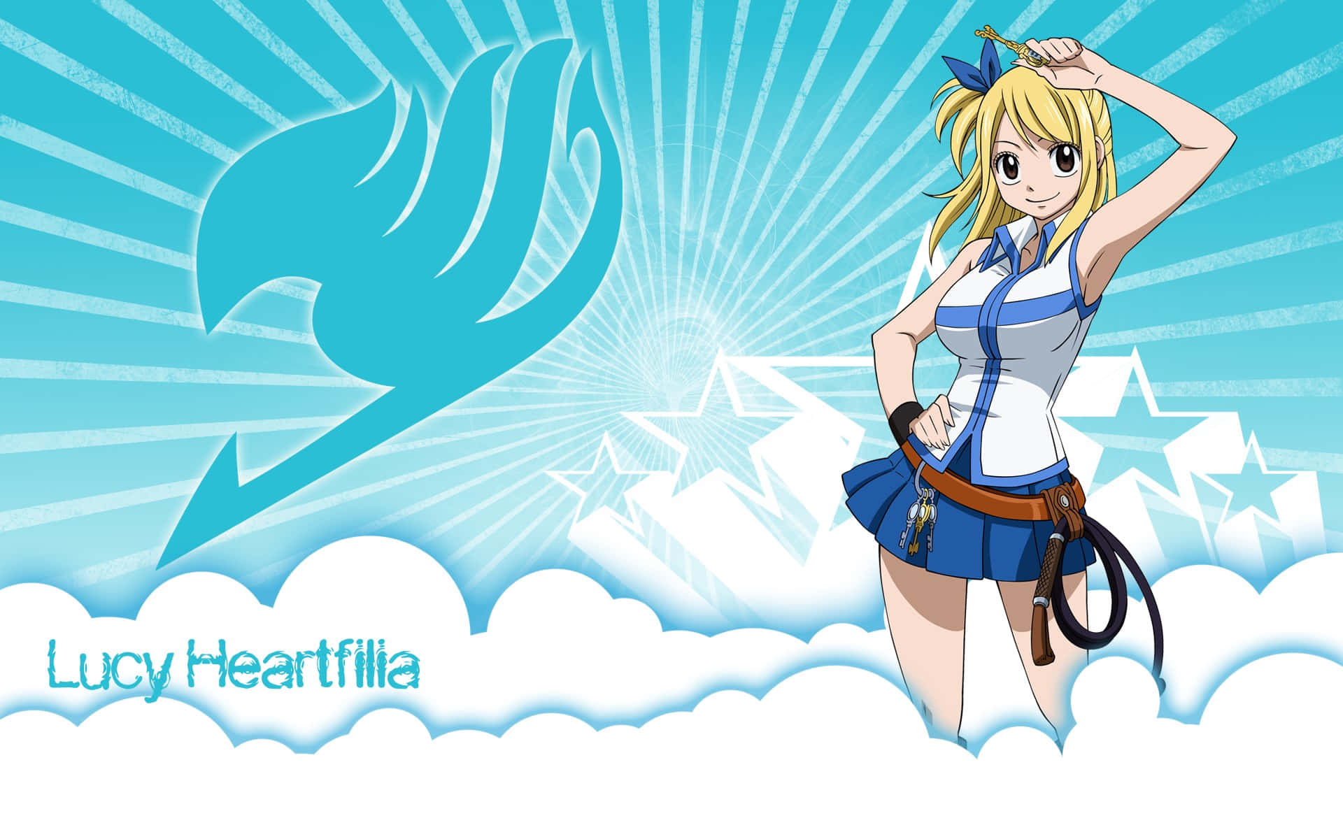 Lucy Heartfilia, clouds, bright blue sunburst background, Full HD Desktop Wallpaper