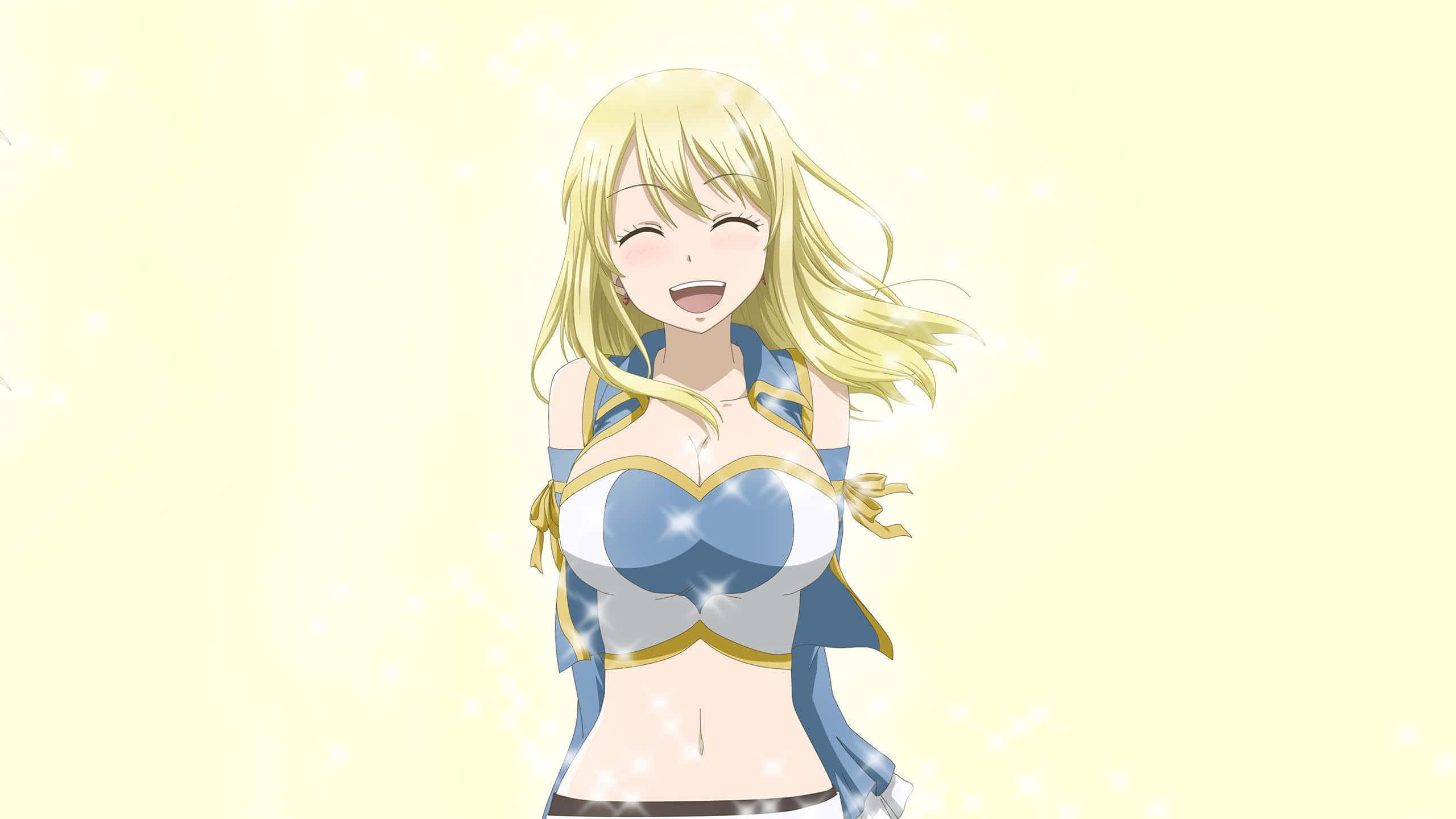 Lucy Heartfilia, blonde hair, sparkling blue and gold outfit, 2K Desktop Wallpaper