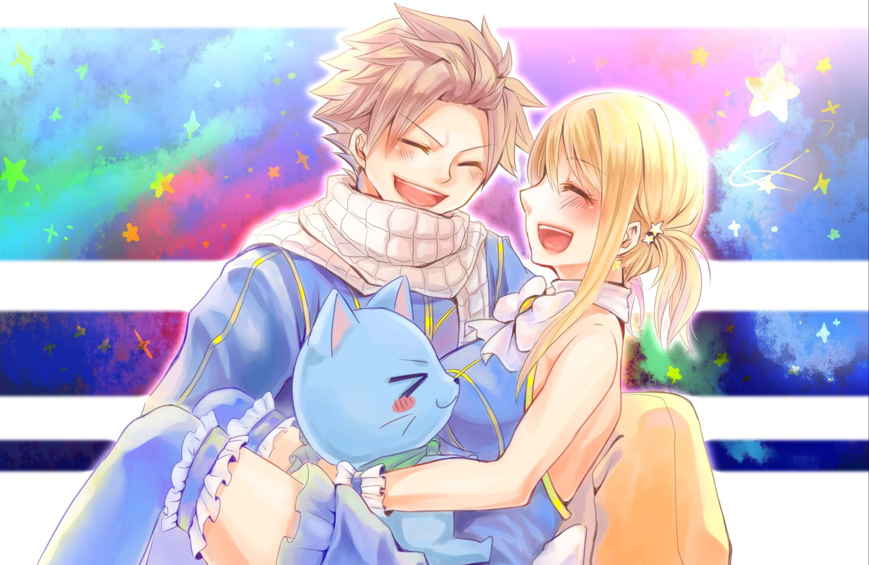Lucy Heartfilia, blue cat, starry rainbow sky, 2K Desktop Wallpaper