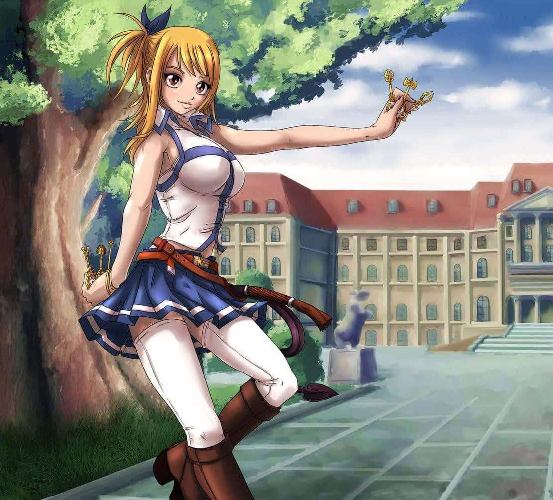 Lucy Heartfilia, golden keys, blue outfit, SD Desktop Wallpaper