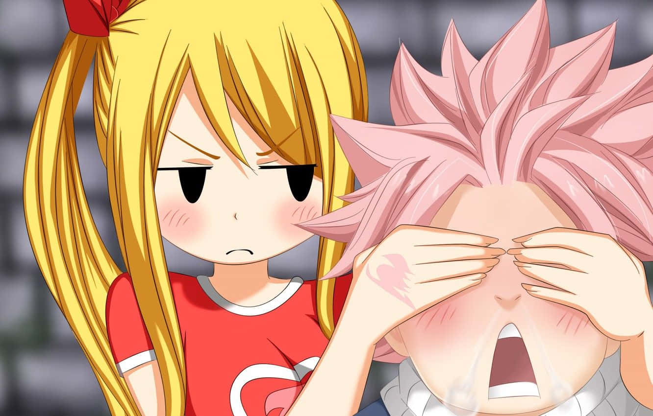 Lucy Heartfilia, blonde anime girl, pink-haired boy, HD Desktop Wallpaper