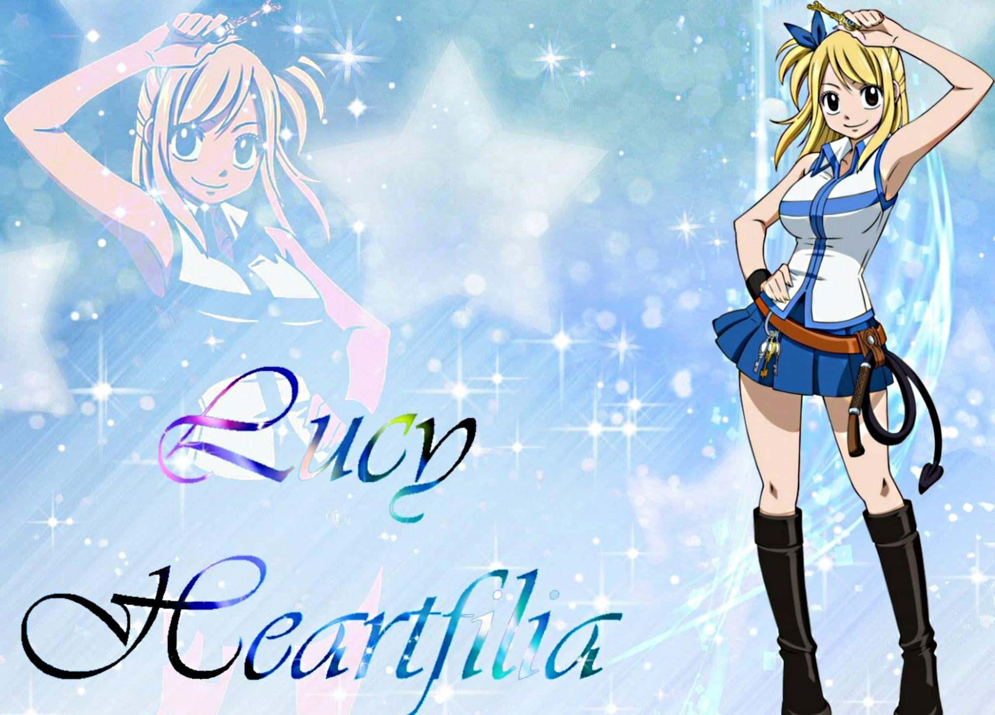 Lucy Heartfilia, anime character, sparkling blue starry background, Full HD Desktop Wallpaper