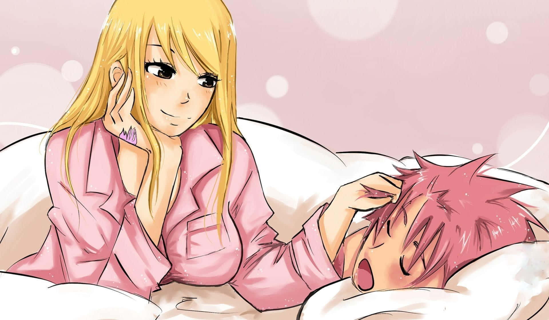 Lucy Heartfilia, pink pajamas, pink-haired boy, Full HD Desktop Wallpaper