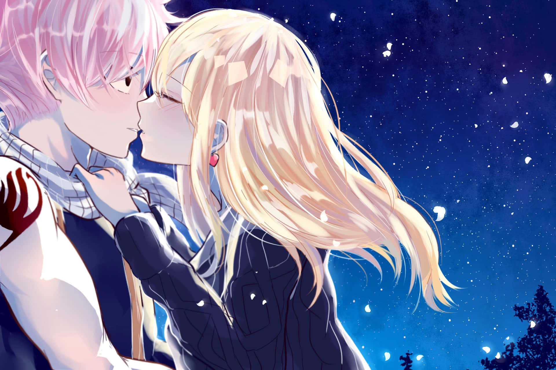 Lucy Heartfilia, starry night sky, falling petals, Full HD Desktop Wallpaper