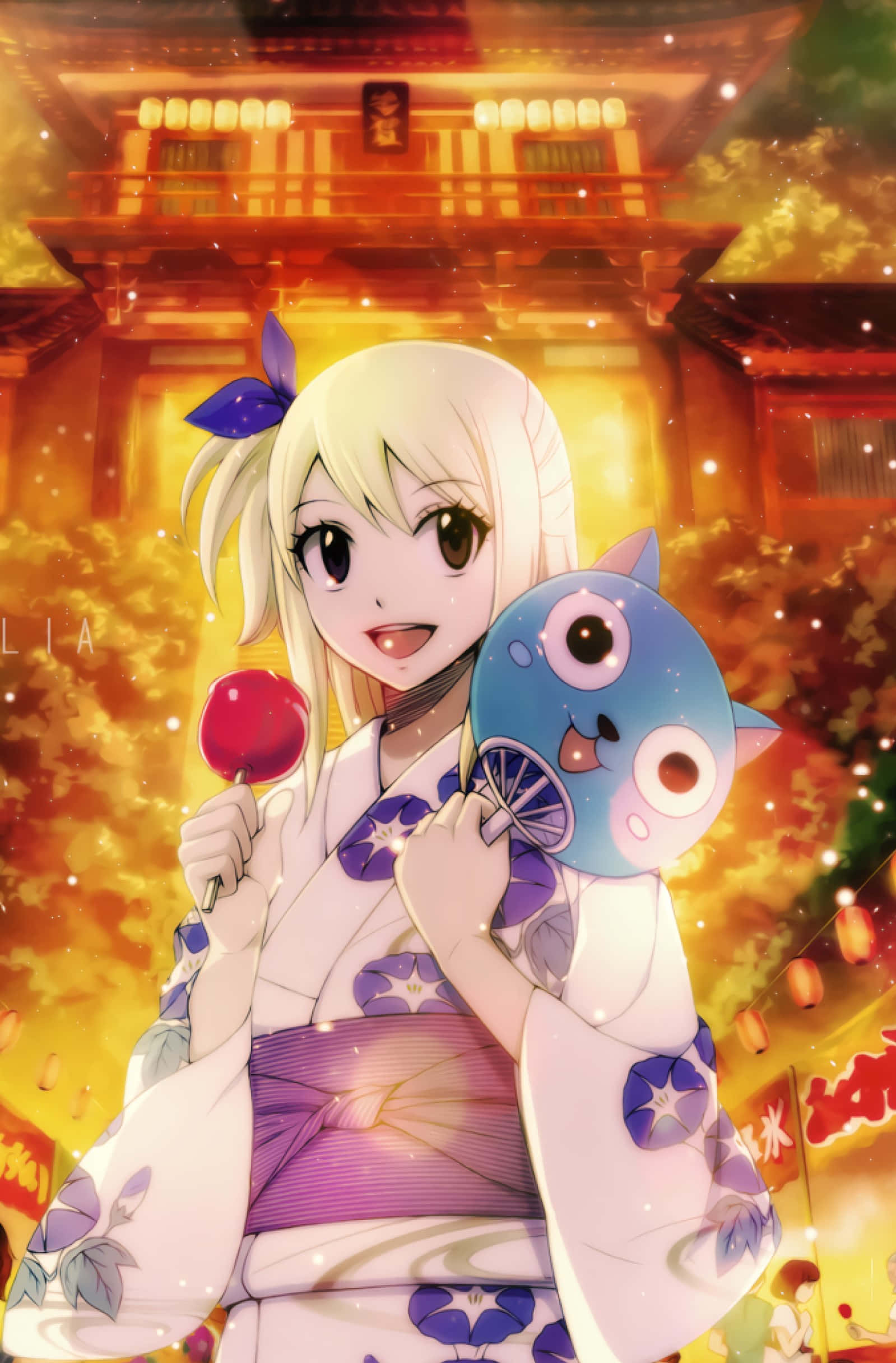 Lucy Heartfilia, white floral kimono, blue cat mask, Full HD Phone Wallpaper