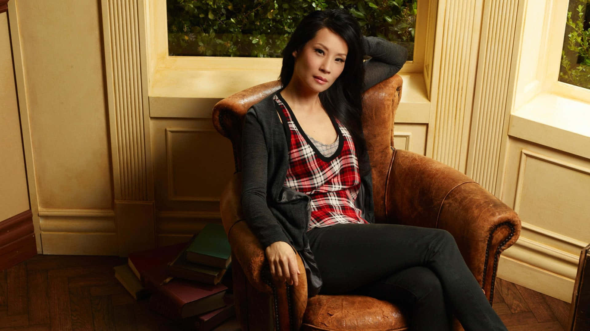 Lucy Liu, vintage leather armchair, window, Full HD Desktop Wallpaper