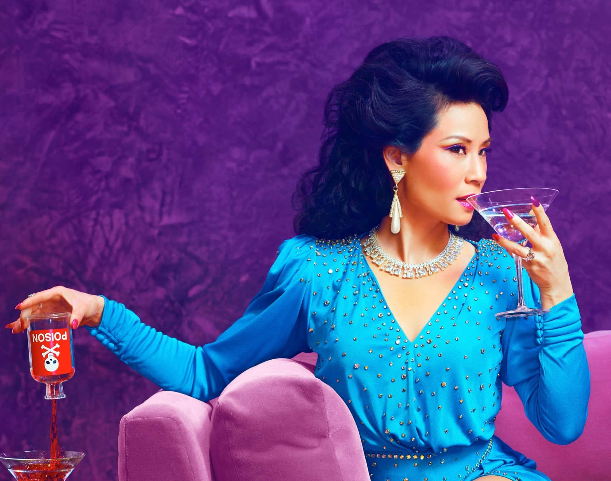 Lucy Liu, sparkling blue dress, red liquid, Full HD Desktop Wallpaper