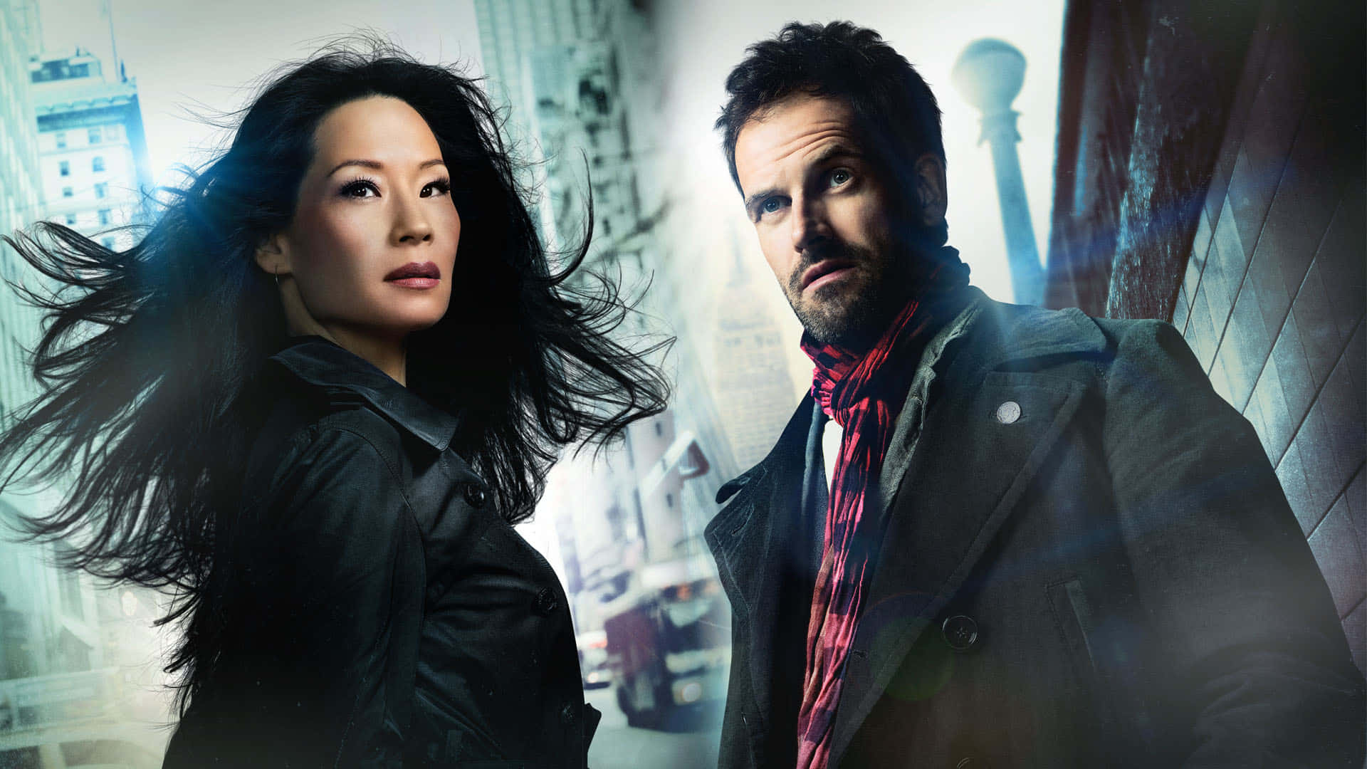 Lucy Liu, urban alleyway, wind-swept hair, Full HD Desktop Wallpaper