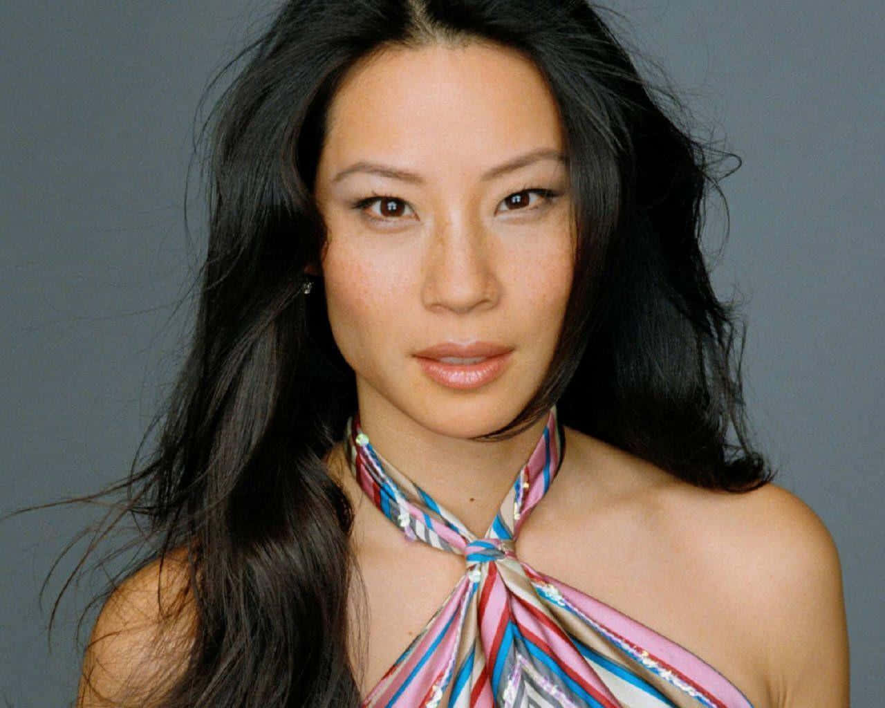 Lucy liu, colorful striped halter top, long dark hair, HD Desktop Wallpaper