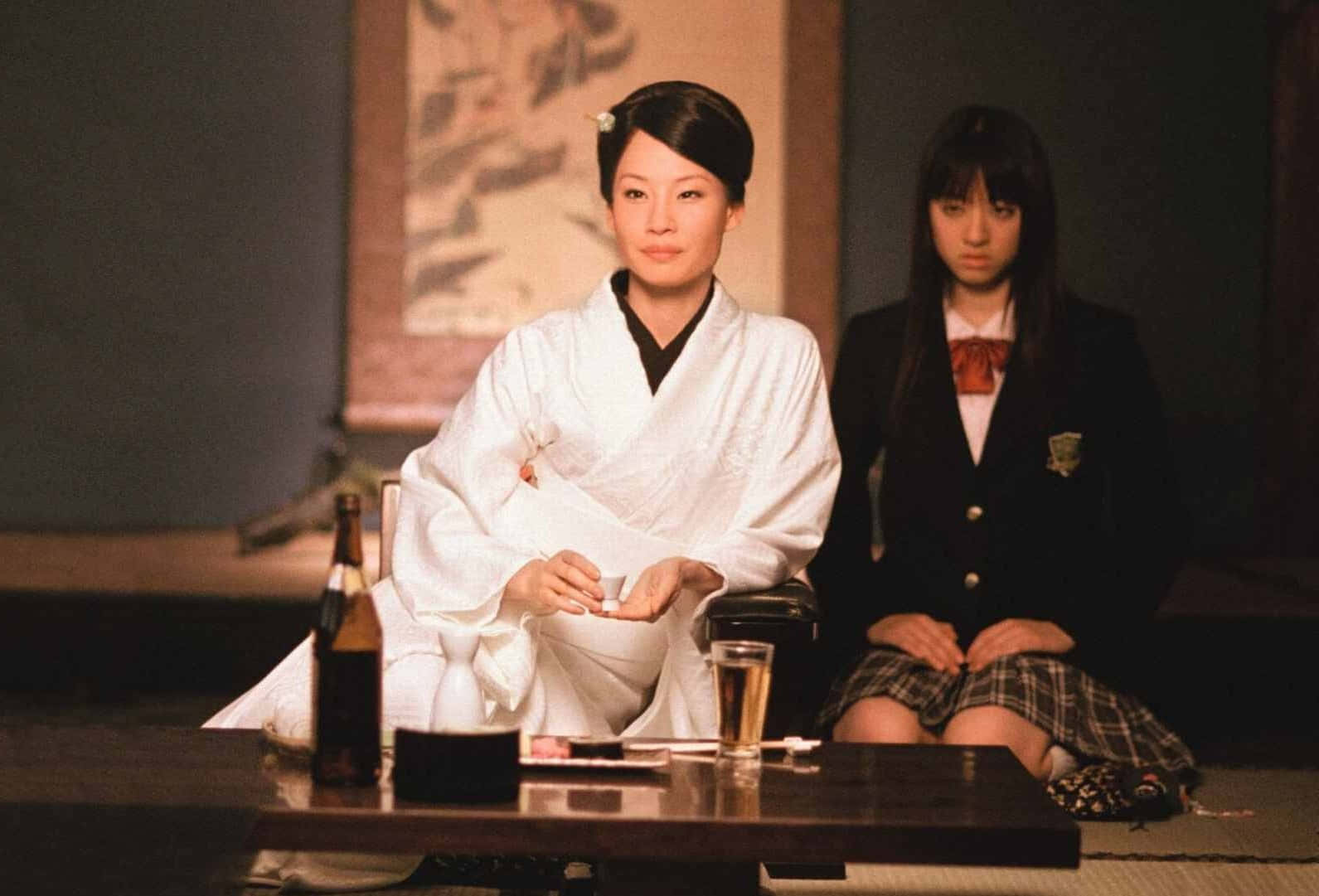 Lucy Liu, white kimono, schoolgirl in uniform, HD Desktop Wallpaper