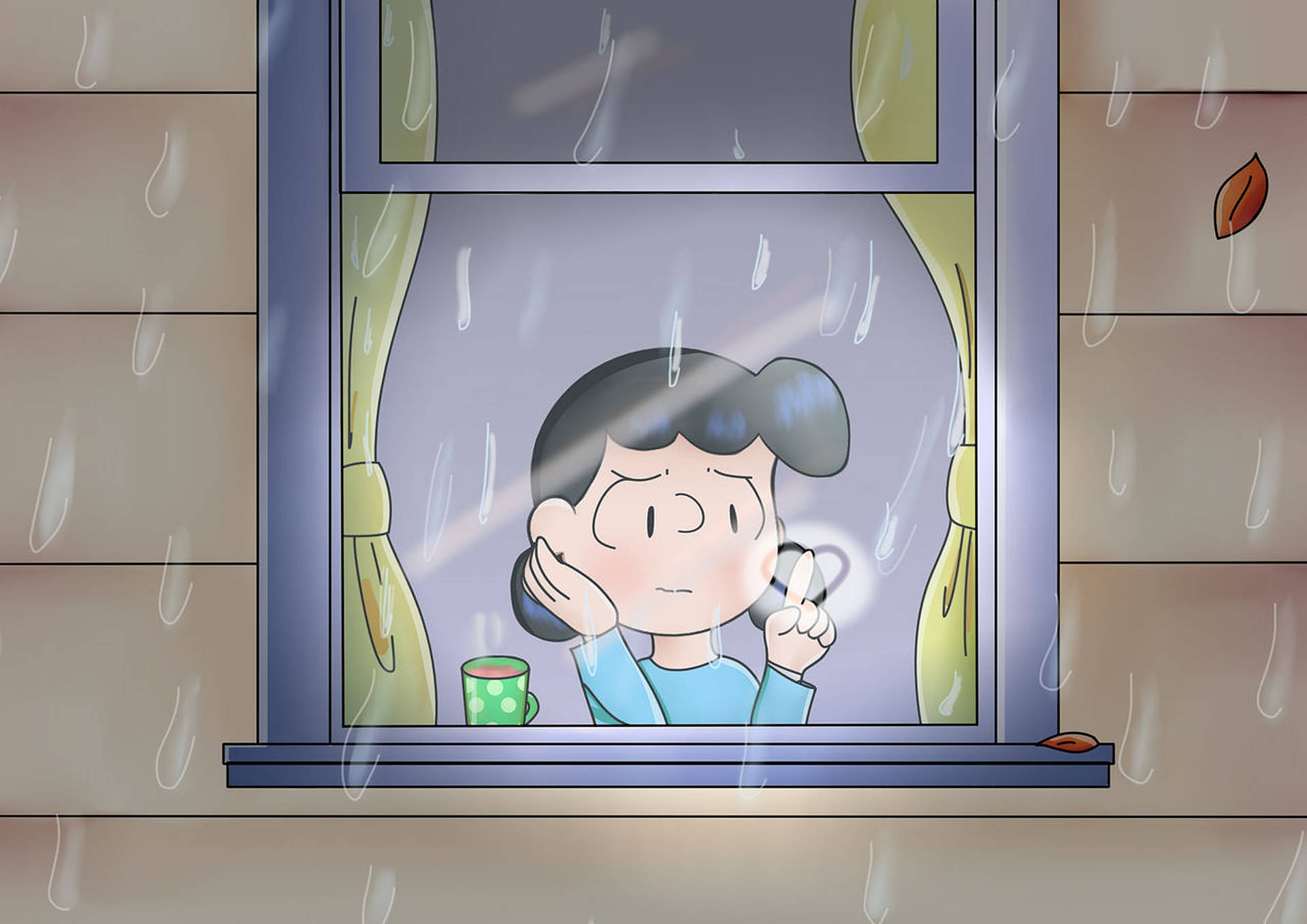 Lucy Van Pelt, blue shirt, rainy window, Full HD Desktop Wallpaper