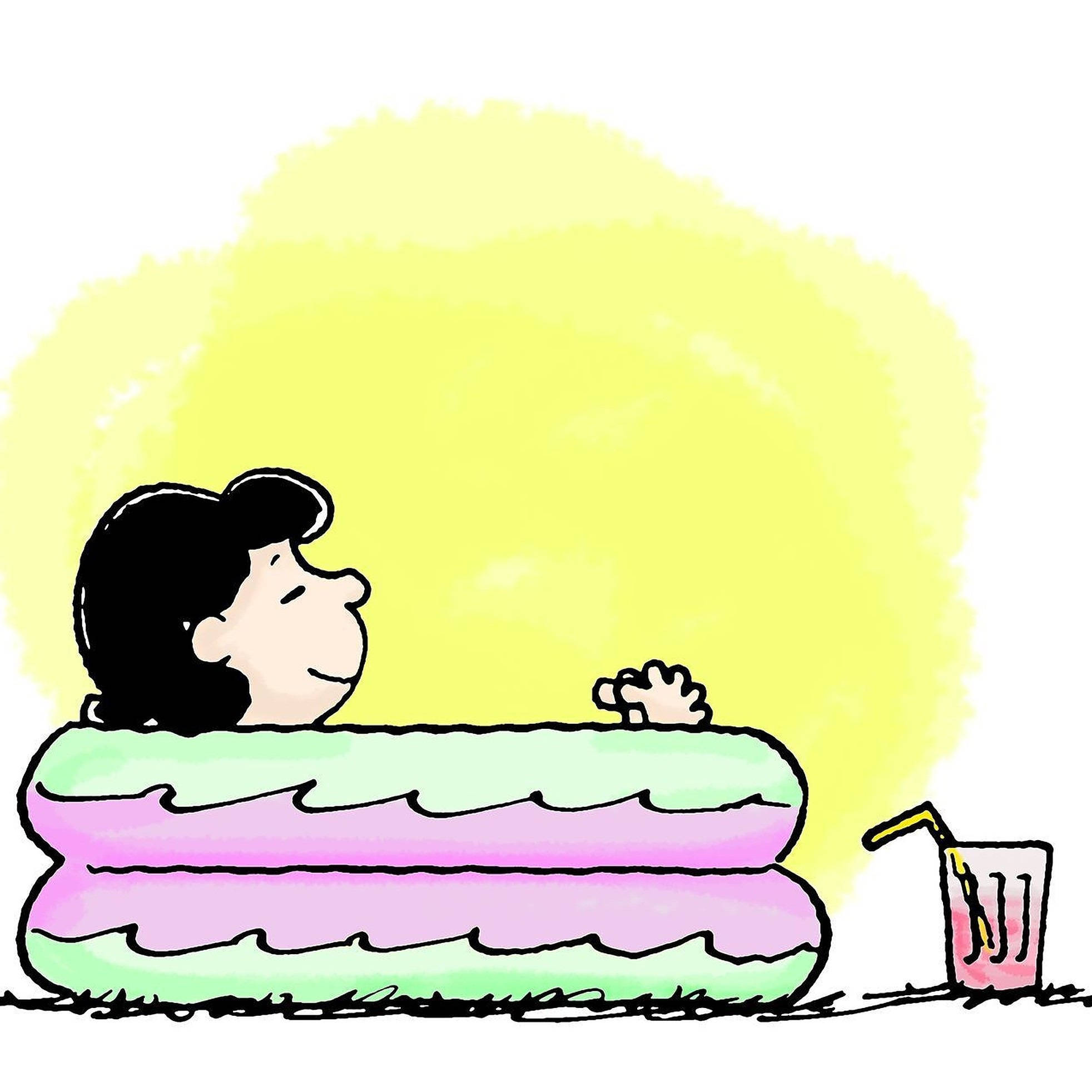 Lucy Van Pelt, pastel inflatable pool, soft yellow sky, Full HD Desktop Wallpaper