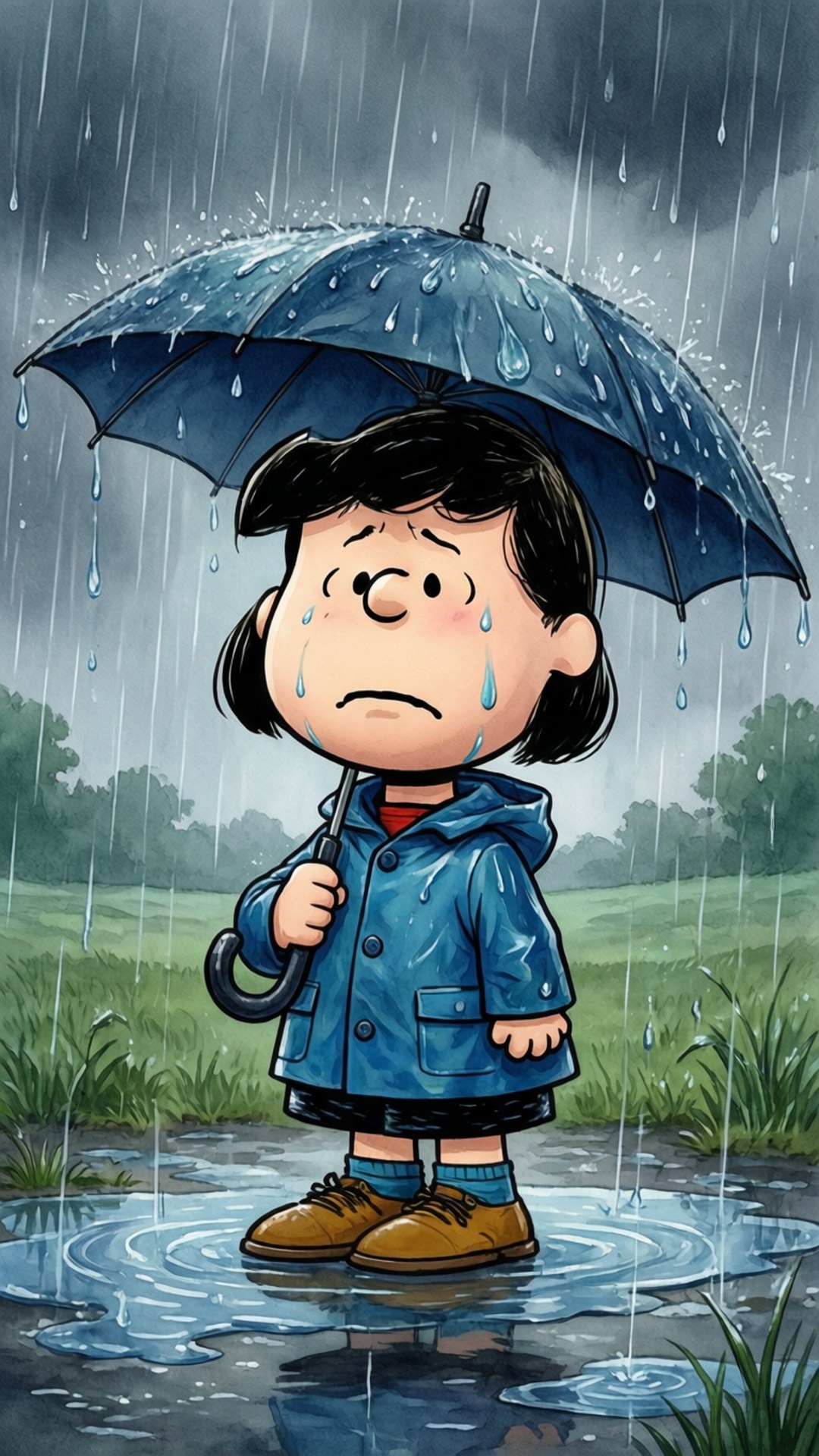 Lucy Van Pelt, blue raincoat, blue umbrella, Full HD Phone Wallpaper