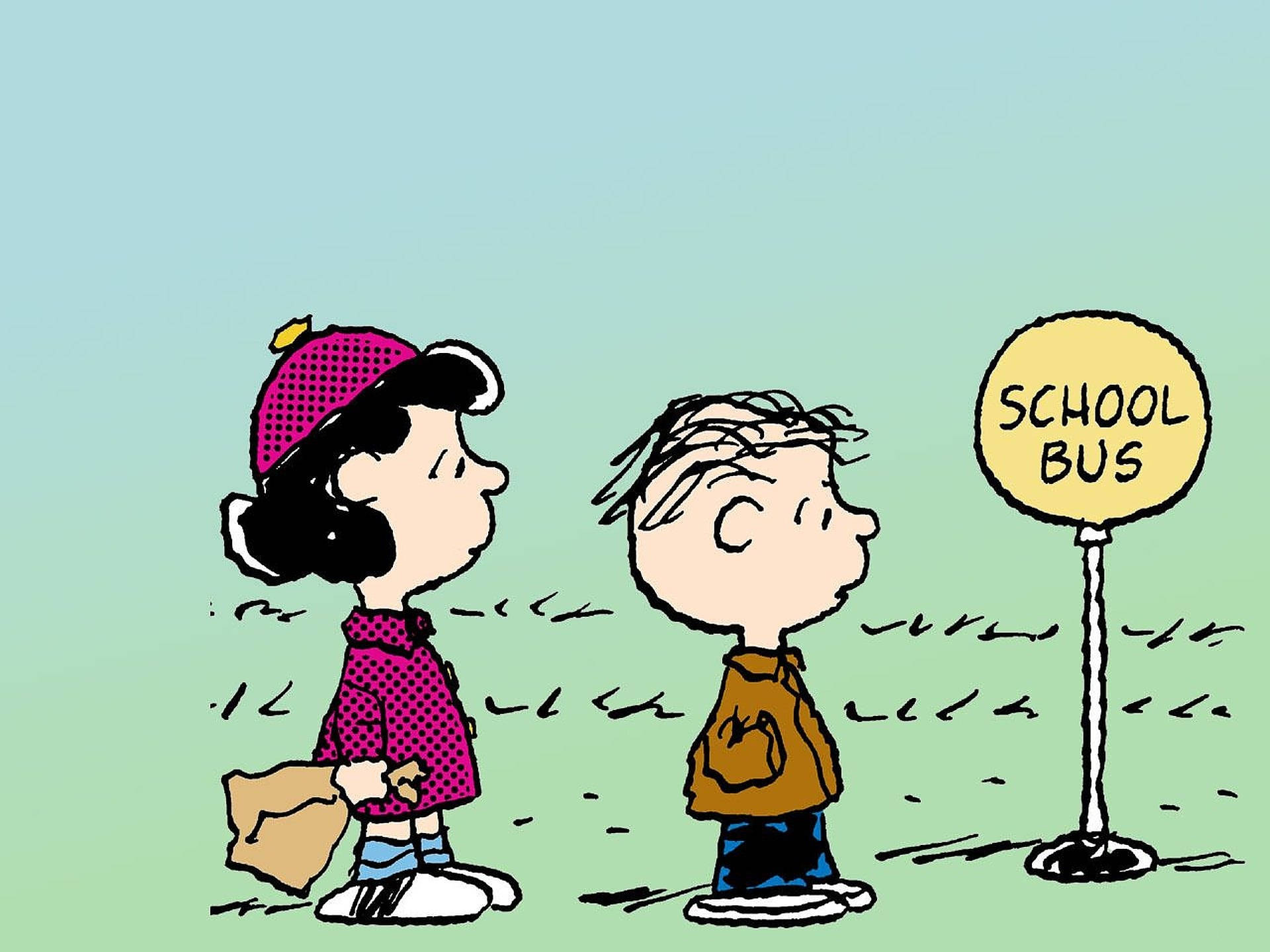 Lucy Van Pelt, school bus stop sign, yellow, Full HD Desktop Wallpaper