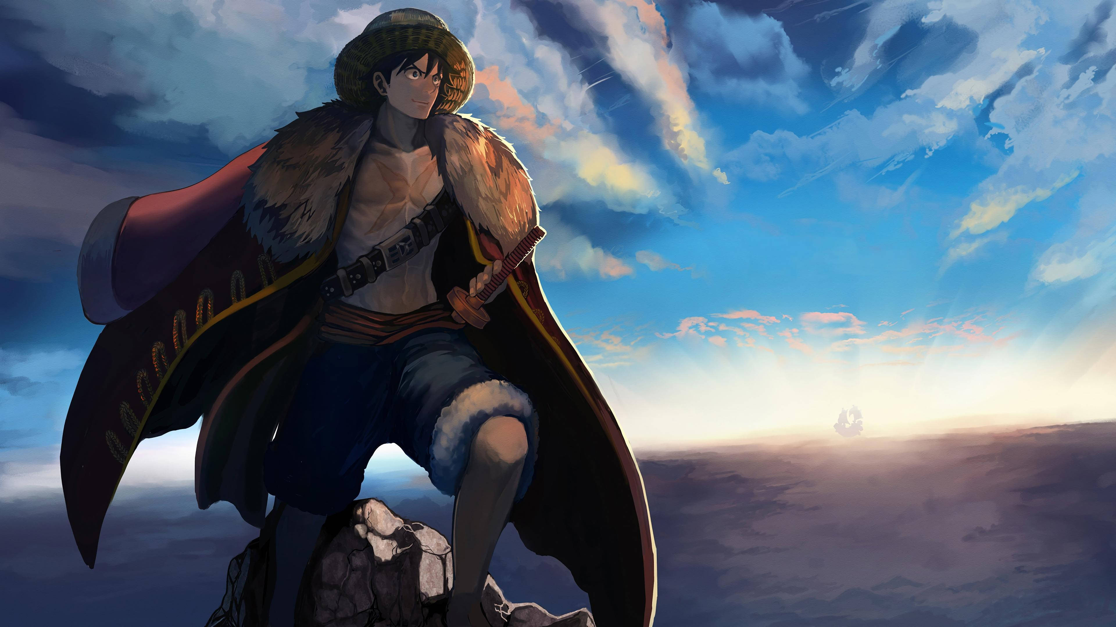 Luffy, straw hat, fur-lined coat, 4K Desktop Wallpaper