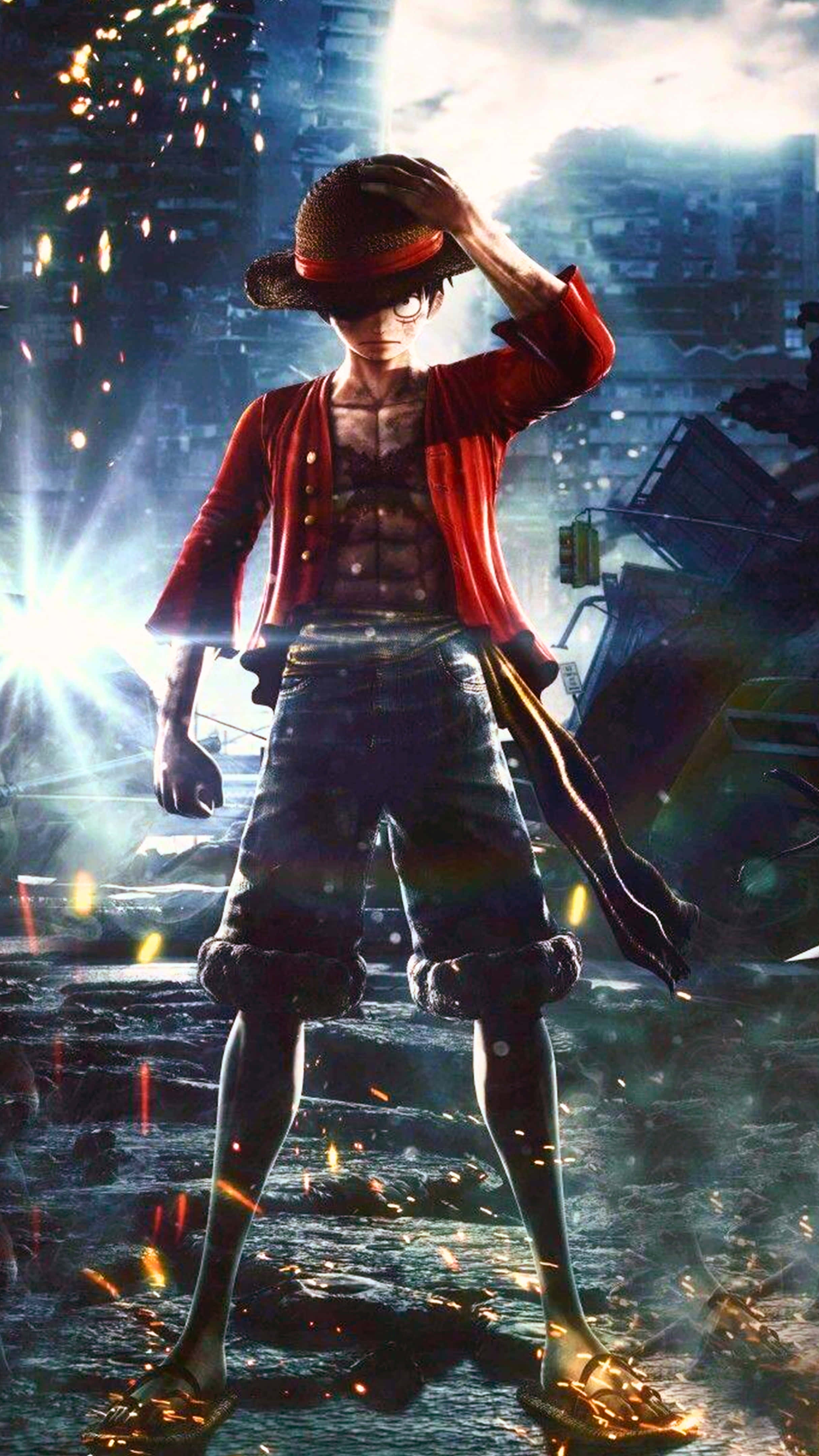 Luffy, red jacket, straw hat, 4K Phone Wallpaper