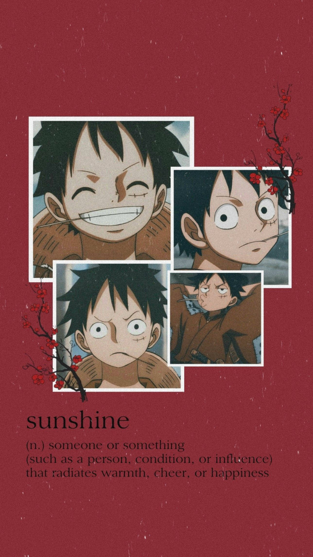 Luffy Aesthetic, smiling boy with black hair, textured red background, Full HD Phone Wallpaper