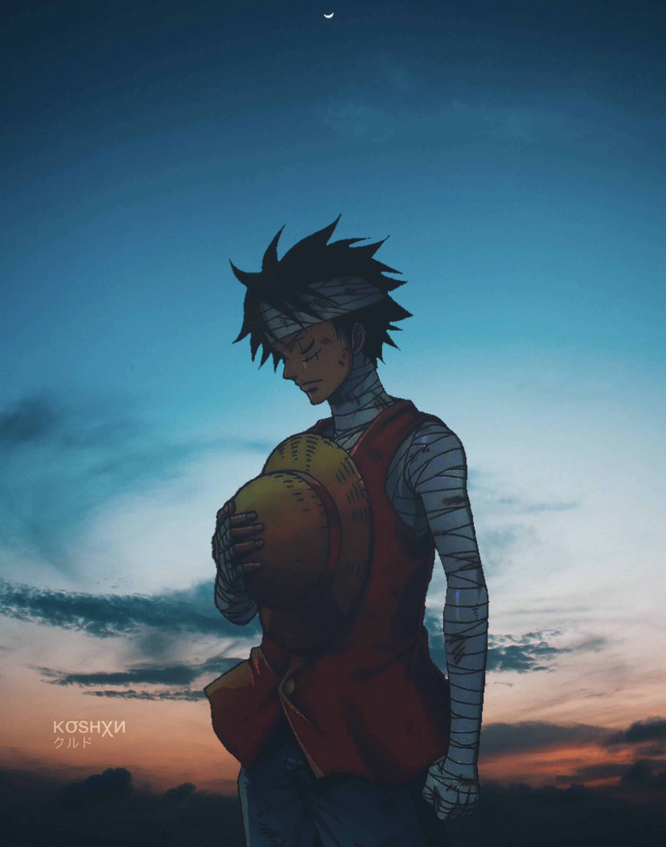 Luffy, bandaged, twilight sky, 2K Phone Wallpaper