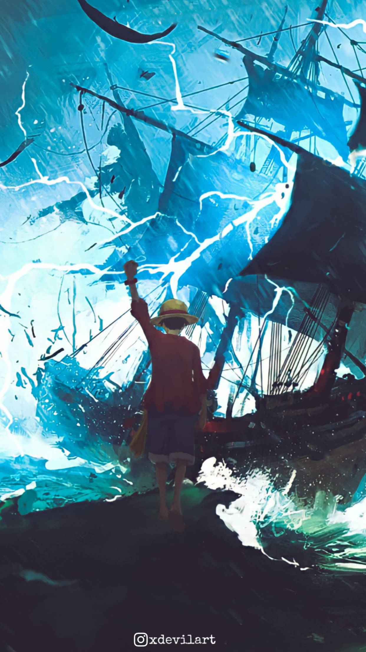 Luffy, straw hat, storm-tossed ship, Full HD Phone Wallpaper
