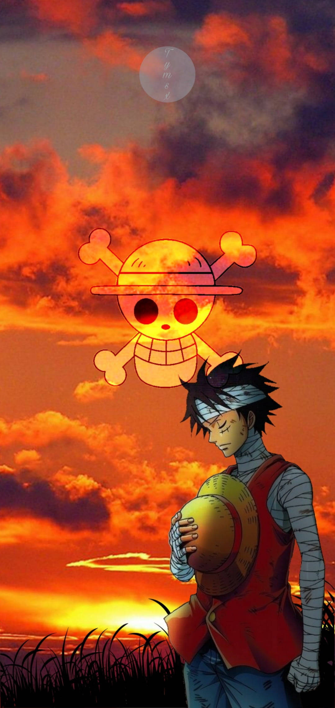 Luffy, straw hat, fiery sunset sky, Full HD Phone Wallpaper