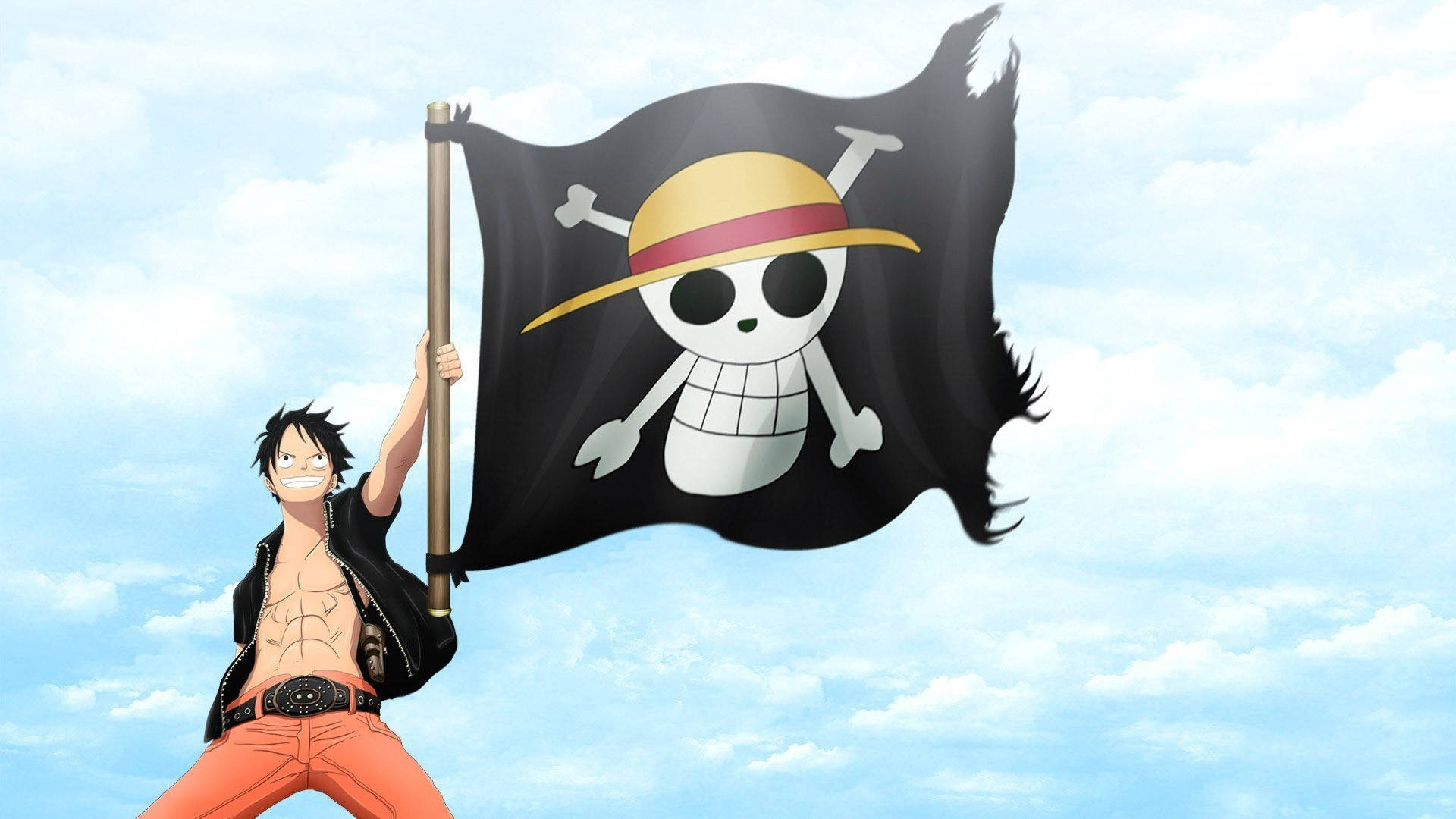 Luffy, straw hat, pirate flag, Full HD Desktop Wallpaper