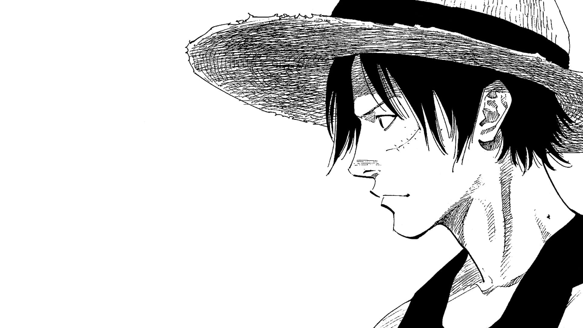 Luffy, black and white, wide-brimmed hat, Full HD Desktop Wallpaper