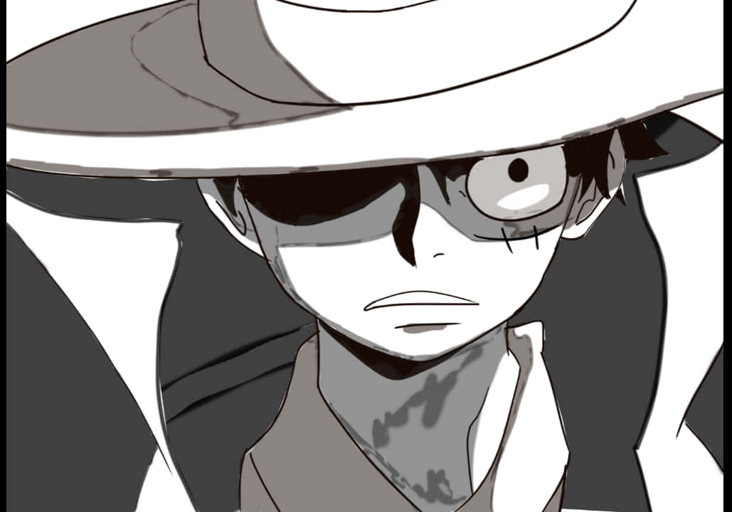 Luffy, monochrome, wide-brimmed hat, SD Desktop Wallpaper