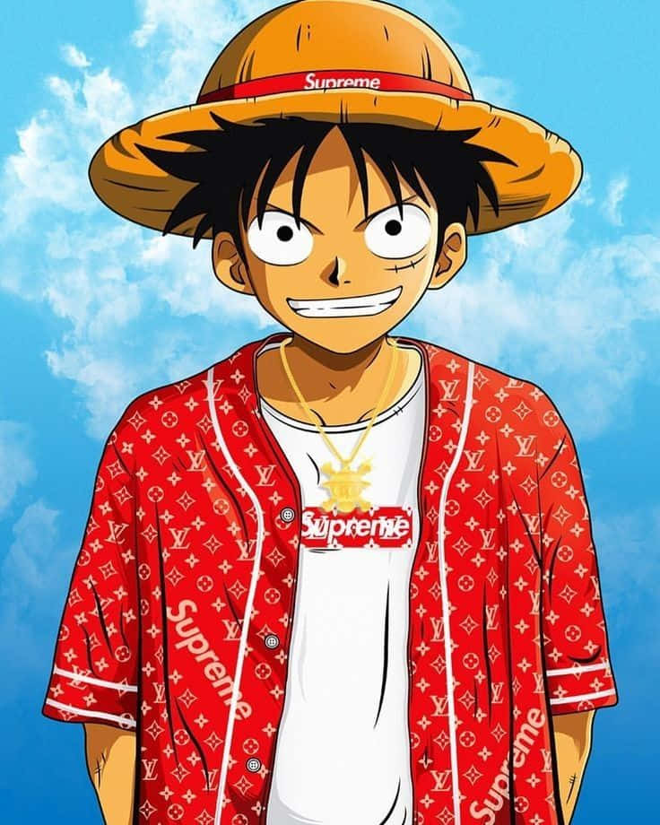 Luffy, red Louis Vuitton Supreme jacket, straw hat, SD Phone Wallpaper